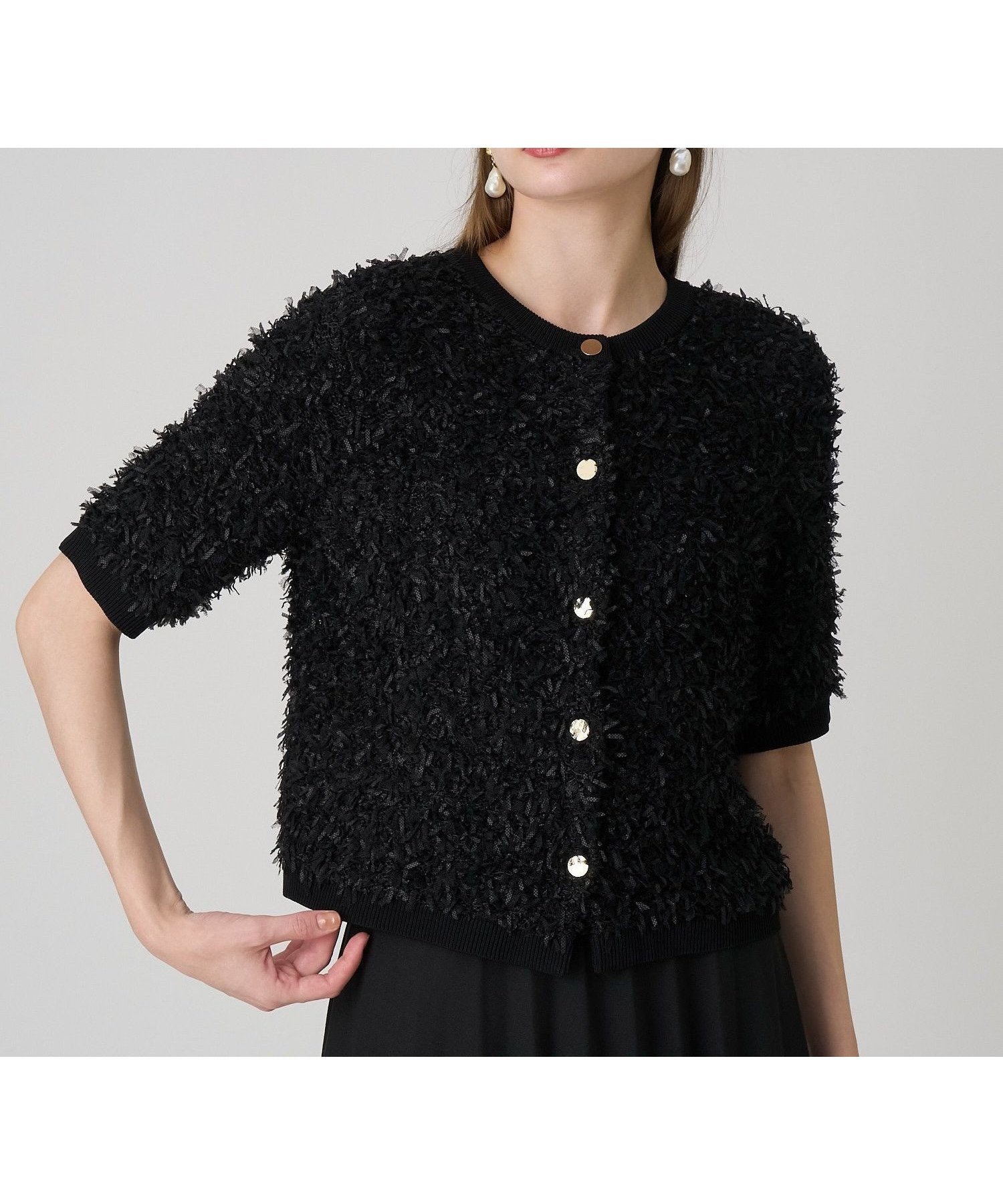 【アナイ/ANAYI】のチュールツイード プルオーバー インテリア・キッズ・メンズ・レディースファッション・服の通販 founy(ファニー) 　ファッション　Fashion　レディースファッション　Fashion for Women　トップス・カットソー　Cut & Sew Tops　カジュアルプルオーバー・ニットトップス　Pullovers & Knit Tops / Casual Pullovers　グラデーション　Gradient, Ombre　スマート　Smart, Elegant　チュール　Tulip, Tulip Motif　半袖　Short Sleeve, Half Sleeve　メタル　Metal, Metal Parts　A/W・秋冬　Autumn/Winter　再入荷　Restock / Back in Stock　black|ID: prp329100004866037 ipo3291000000036220032