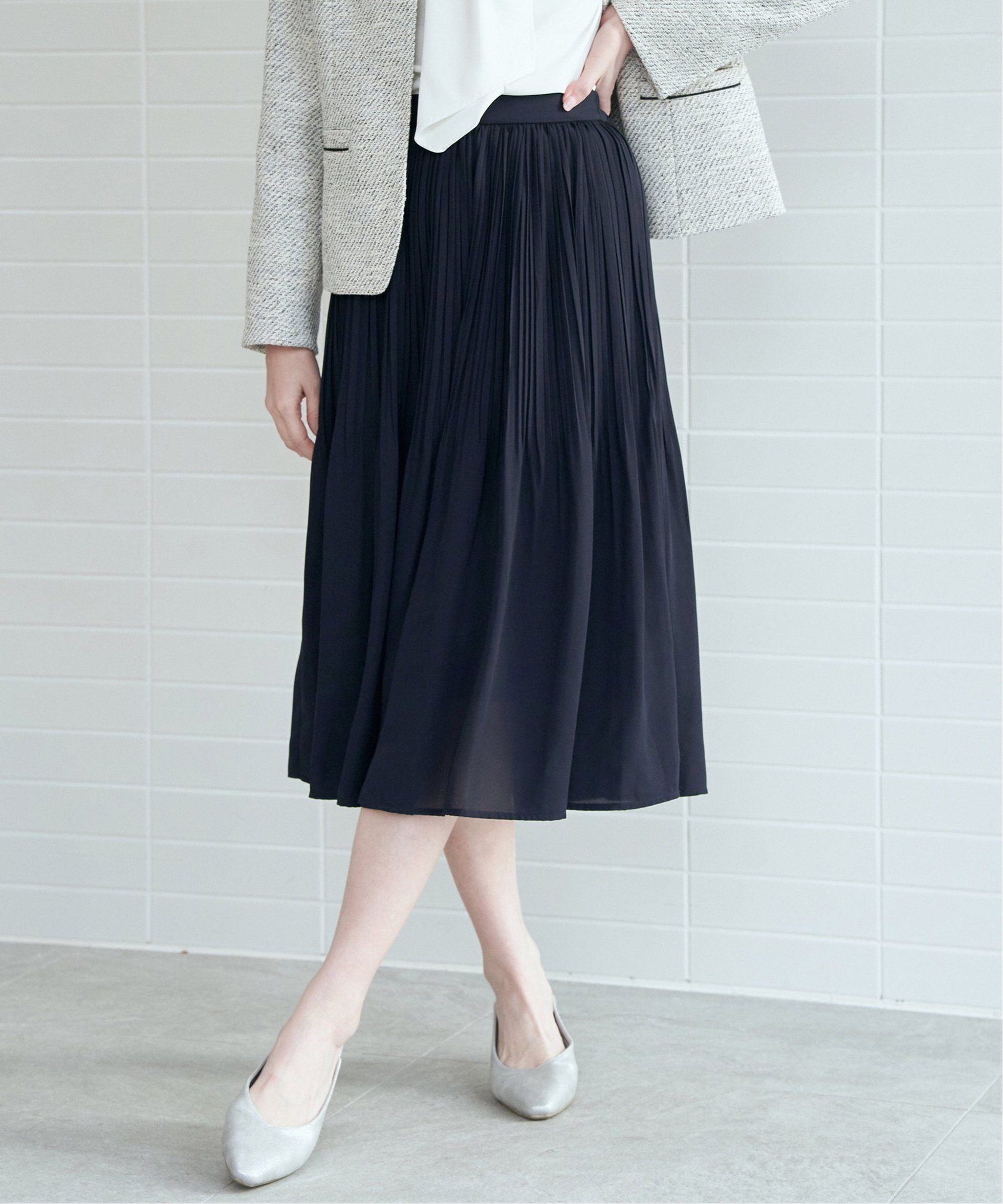 【イッカ/ikka】のシフォンプリーツスカート インテリア・キッズ・メンズ・レディースファッション・服の通販 founy(ファニー) 　ファッション　Fashion　レディースファッション　Fashion for Women　スカート　Skirts　プリーツスカート / 上品フェミニンスタイル　Pleated Skirts　ジャケット　Jacket, Outerwear　ジョーゼット　Georgette, Semi-Sheer Fabric　セレモニー　Ceremony　ツイード　Twill, Twill Weave　プリーツ　Pleats, Pleated　ビジネス 仕事 通勤　Business / Work / Commuting　楽ちん　Easy Fit, Comfortable　ネイビーブルー|ID: prp329100004866080 ipo3291000000036220300