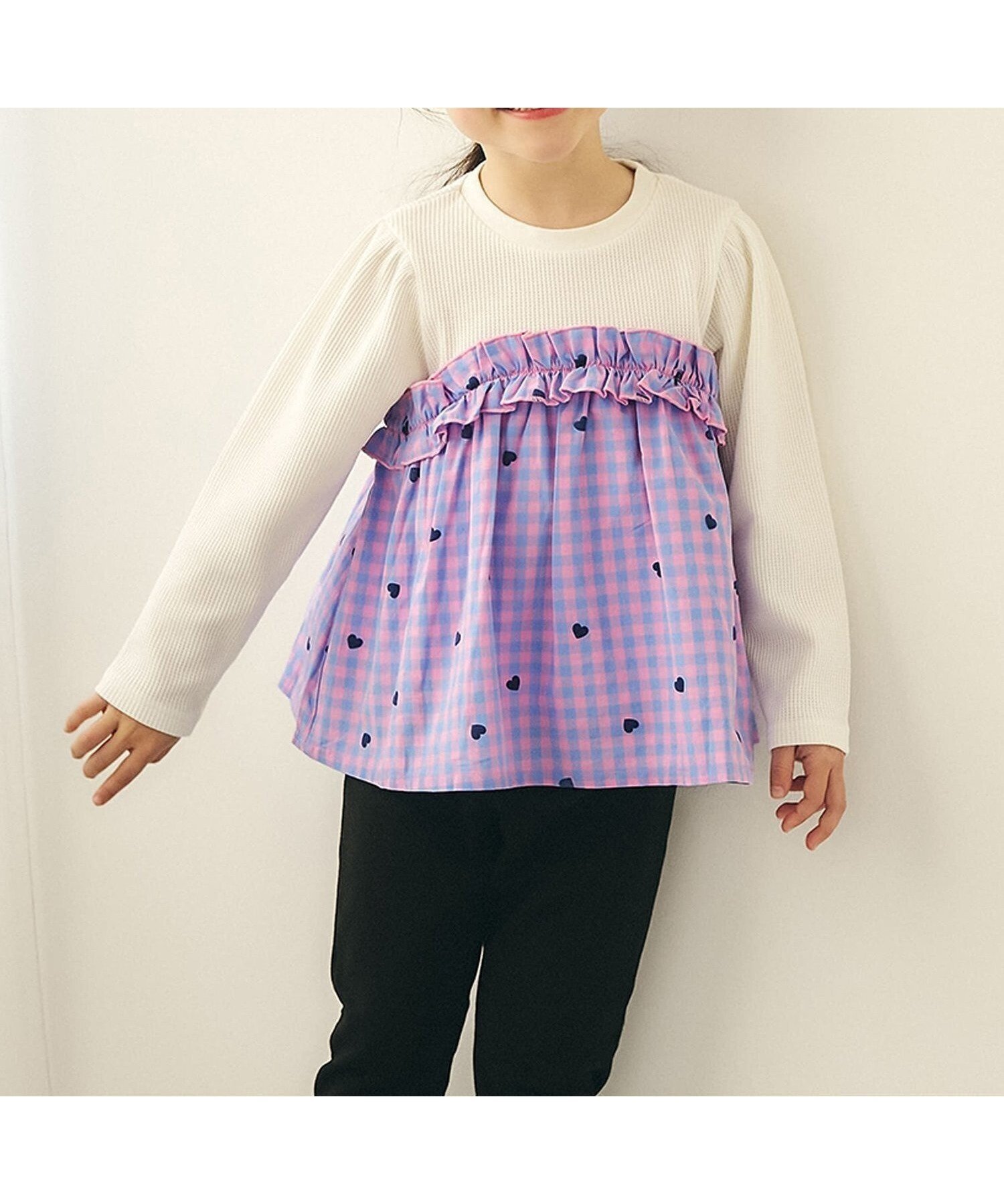 【エフオー オンラインストア/F.O.Online Store / KIDS】のワッフルフリルドッキングトップス インテリア・キッズ・メンズ・レディースファッション・服の通販 founy(ファニー) 　ファッション　Fashion　キッズファッション　Fashion for Kids　トップス・カットソー　Cut & Sew Tops　長袖　Long Sleeve, Full Sleeve　チェック柄|ID: prp329100004866620 ipo3291000000036247827