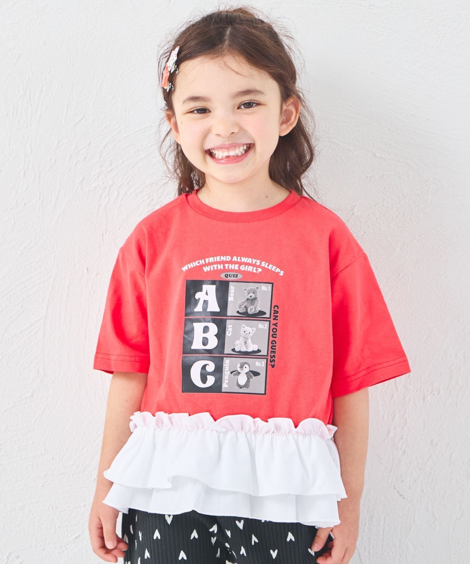 【ペアマノン/pairmanon / KIDS】の【綿100%】ガールズ 裾フリル アニマル ロゴ ペプラムTシャツ インテリア・キッズ・メンズ・レディースファッション・服の通販 founy(ファニー) 　ファッション　Fashion　キッズファッション　Fashion for Kids　おすすめ　Recommended / Our Picks　アニマル　Animal Print　フリル　Frill, Ruffle　ペプラム　Peplum, Flared Hem　レッド30|ID: prp329100004866621 ipo3291000000036247849