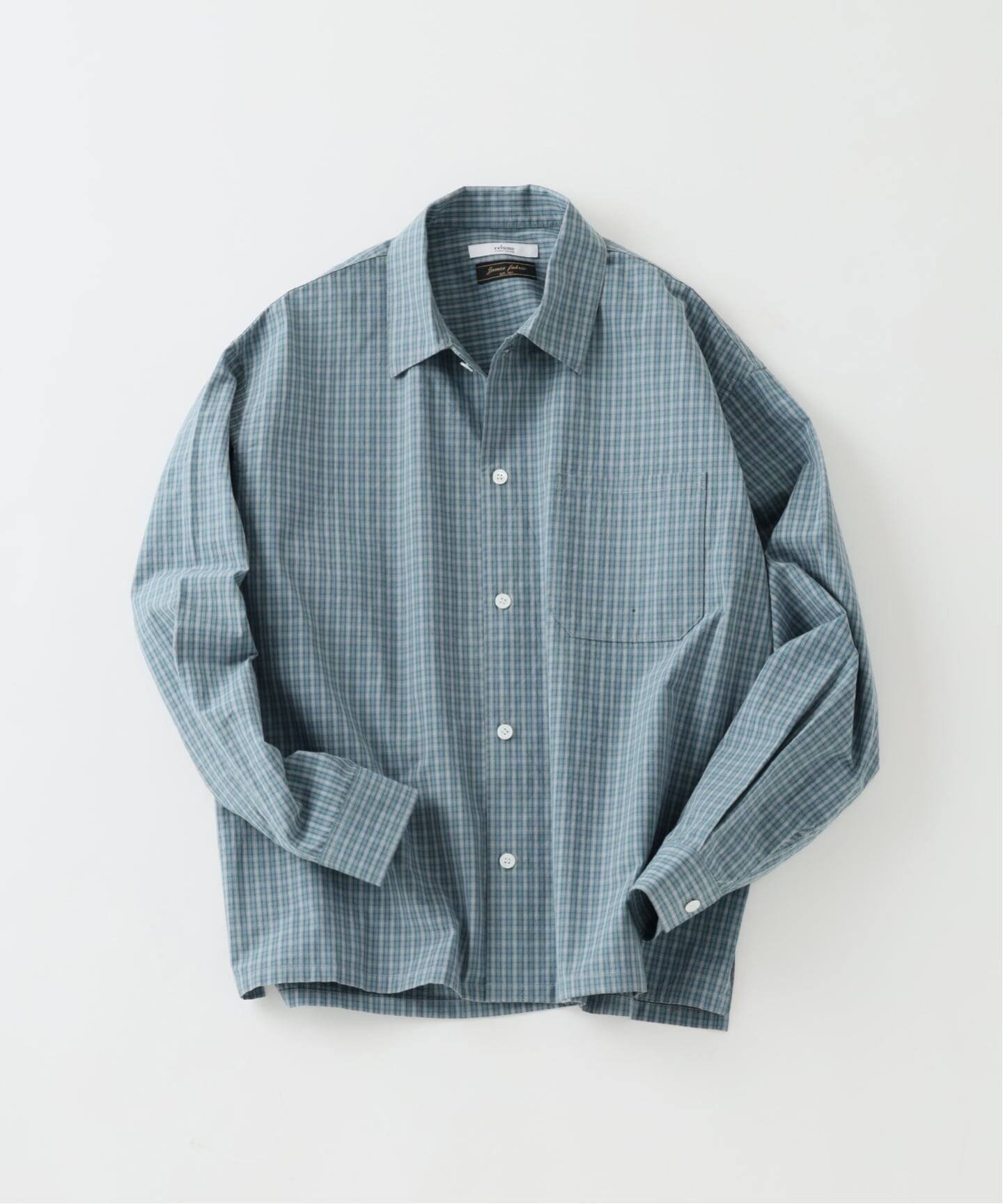 【ジャーナルスタンダード レリューム/JOURNAL STANDARD relume / MEN】のJAMES FABRIC / ジェームスファブリック ボックスシルエット シャツ インテリア・キッズ・メンズ・レディースファッション・服の通販 founy(ファニー) 　ファッション　Fashion　メンズファッション　Fashion for Men　インナー　Innerwear　ウォッシュ　Washed Finish　春　Spring　カーディガン　Cardigan, Knitwear　ジャケット　Jacket, Outerwear　スクエア　Square, Square Shape　ストライプ　Stripe, Striped Pattern　スラックス　Slacks, Dress Pants　チェック　Check, Plaid, Tartan　トレンド　Trend, Trending Now　ドレス　Dress, One-Piece　バランス　Balance, Style Balance　ファブリック　Fabric, Textile　ブロード　Broadcloth, Fine Cotton　ボックス　Boxy, Box Shape　別注　Limited Edition, Custom Order　無地　Plain, Solid Color　リラックス　Relax, Relaxed Fit　ワイド　Wide, Wide Fit　グリーン|ID: prp329100004866646 ipo3291000000036248022