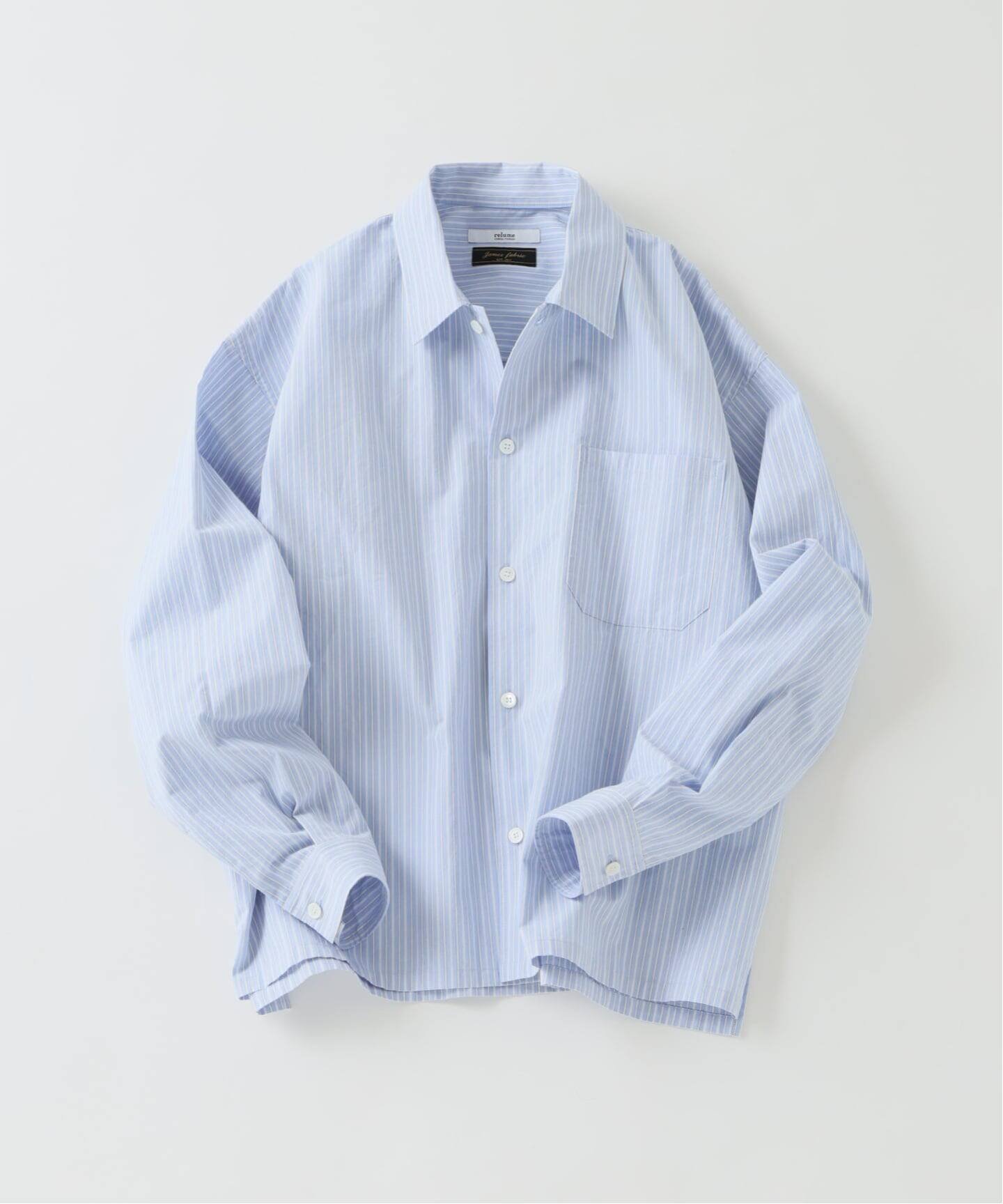 【ジャーナルスタンダード レリューム/JOURNAL STANDARD relume / MEN】のJAMES FABRIC / ジェームスファブリック ボックスシルエット シャツ インテリア・キッズ・メンズ・レディースファッション・服の通販 founy(ファニー) 　ファッション　Fashion　メンズファッション　Fashion for Men　インナー　Innerwear　ウォッシュ　Washed Finish　春　Spring　カーディガン　Cardigan, Knitwear　ジャケット　Jacket, Outerwear　スクエア　Square, Square Shape　ストライプ　Stripe, Striped Pattern　スラックス　Slacks, Dress Pants　チェック　Check, Plaid, Tartan　トレンド　Trend, Trending Now　ドレス　Dress, One-Piece　バランス　Balance, Style Balance　ファブリック　Fabric, Textile　ブロード　Broadcloth, Fine Cotton　ボックス　Boxy, Box Shape　別注　Limited Edition, Custom Order　無地　Plain, Solid Color　リラックス　Relax, Relaxed Fit　ワイド　Wide, Wide Fit　サックスブルー|ID: prp329100004866646 ipo3291000000036248023