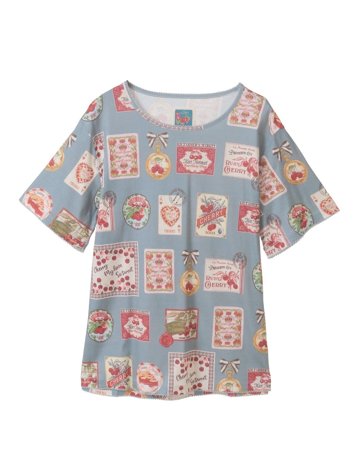【ピンクハウス/PINK HOUSE】のチェリー総柄プリントカットソー インテリア・キッズ・メンズ・レディースファッション・服の通販 founy(ファニー) 　ファッション　Fashion　レディースファッション　Fashion for Women　トップス・カットソー　Cut & Sew Tops　カットソー・ベーシックTシャツ　Cut-and-Sewn Tops / Stretch Tees & Basics　アンティーク　Antique-Inspired　カットソー　Cut and Sewn Top　カラフル　Colorful Design　シンプル　Simple, Minimal　チェリー　Cherry, Cherry Pattern　プリント　Print, Printed Pattern　モチーフ　Motif, Design Theme　ブルーグレー|ID: prp329100004866957 ipo3291000000036251835