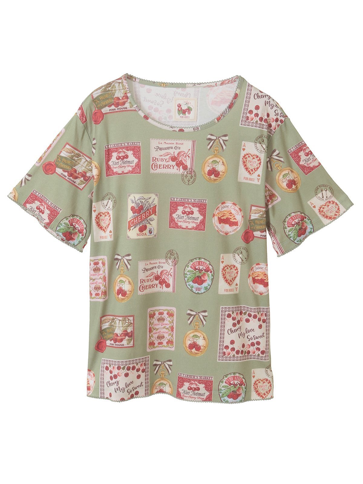 【ピンクハウス/PINK HOUSE】のチェリー総柄プリントカットソー インテリア・キッズ・メンズ・レディースファッション・服の通販 founy(ファニー) 　ファッション　Fashion　レディースファッション　Fashion for Women　トップス・カットソー　Cut & Sew Tops　カットソー・ベーシックTシャツ　Cut-and-Sewn Tops / Stretch Tees & Basics　アンティーク　Antique-Inspired　カットソー　Cut and Sewn Top　カラフル　Colorful Design　シンプル　Simple, Minimal　チェリー　Cherry, Cherry Pattern　プリント　Print, Printed Pattern　モチーフ　Motif, Design Theme　ハッカ|ID: prp329100004866957 ipo3291000000036251836