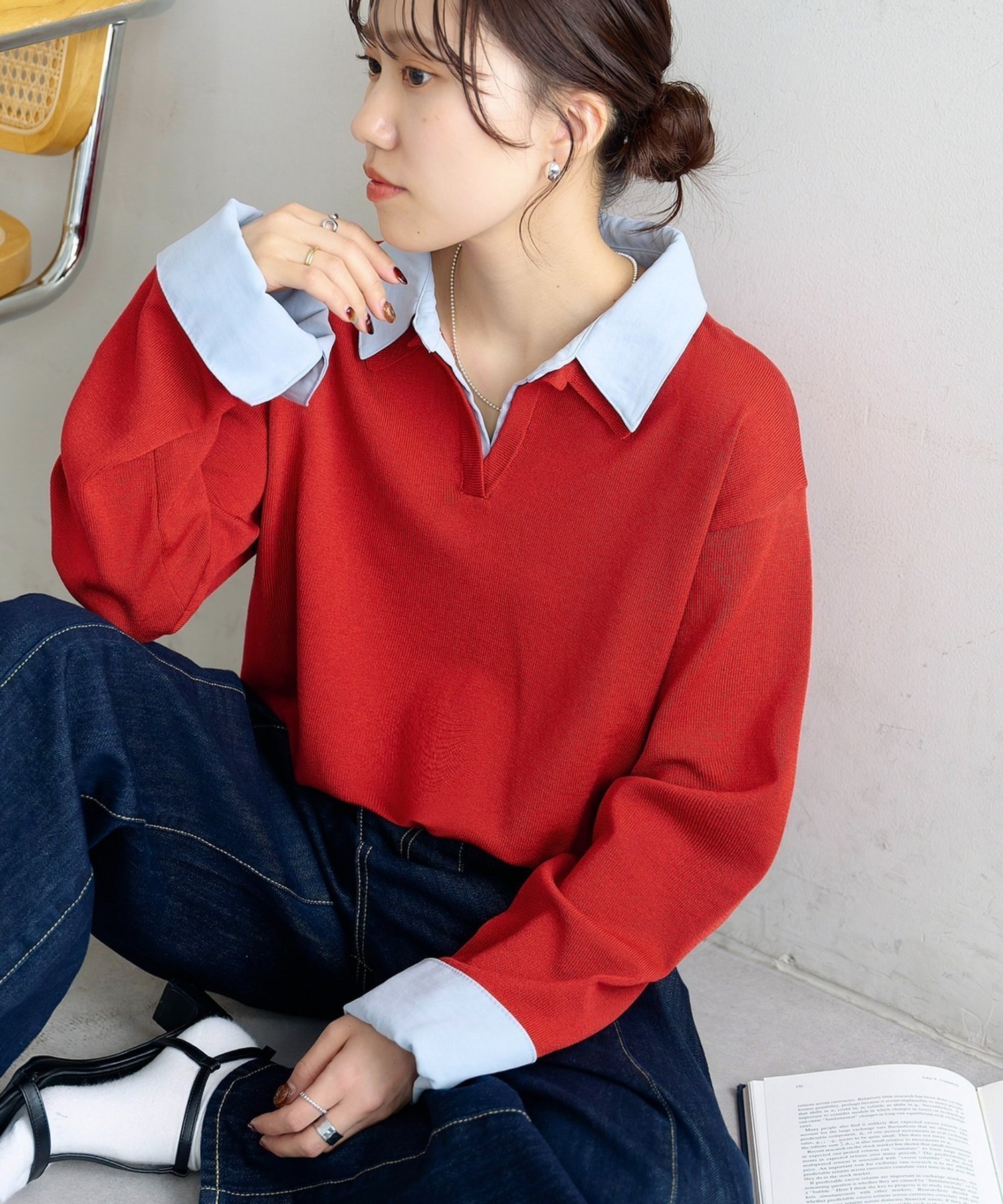 【ディスコート/Discoat】のシャツレイヤード風プルオーバー インテリア・キッズ・メンズ・レディースファッション・服の通販 founy(ファニー) 　ファッション　Fashion　レディースファッション　Fashion for Women　トップス・カットソー　Cut & Sew Tops　シャツ・ブラウス・オフィスカジュアル　Elegant Blouses & Button-Ups　カジュアルプルオーバー・ニットトップス　Pullovers & Knit Tops / Casual Pullovers　おすすめ　Recommended / Our Picks　とろみ　Fluid, Flowy Fabric　スラックス　Slacks, Dress Pants　スリット　Slit, Slit Detail　デニム　Denim, Jeans Material　トレンド　Trend, Trending Now　レッド|ID: prp329100004866967 ipo3291000000036252083