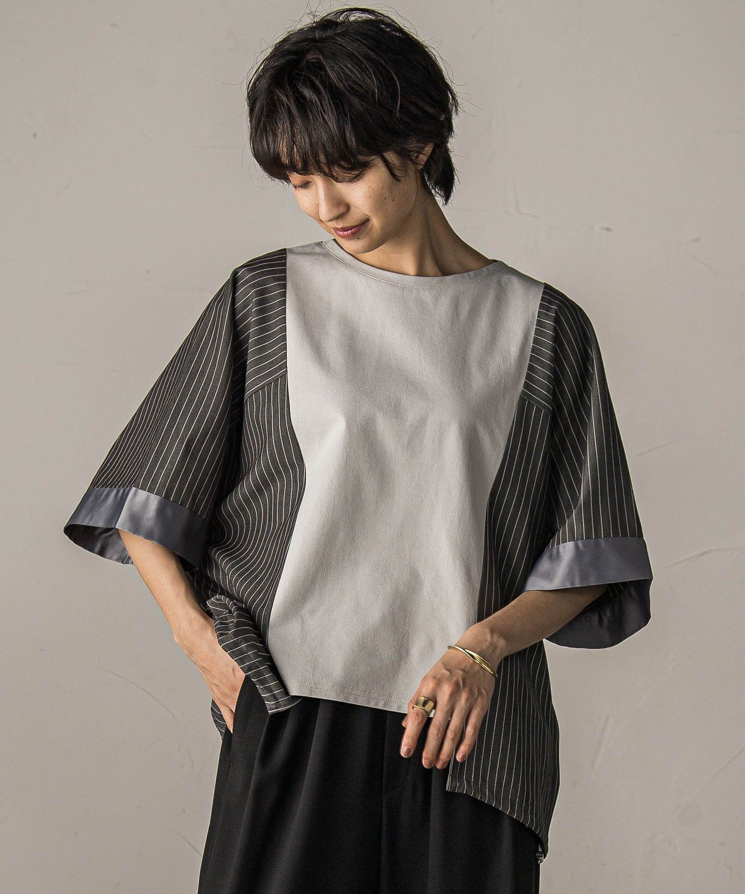 【メイソングレイ/MAYSON GREY】のストライプドッキングフロントドロストプルオーバー≪洗濯機で洗える≫ インテリア・キッズ・メンズ・レディースファッション・服の通販 founy(ファニー) 　ファッション　Fashion　レディースファッション　Fashion for Women　トップス・カットソー　Cut & Sew Tops　カジュアルプルオーバー・ニットトップス　Pullovers & Knit Tops / Casual Pullovers　洗える　Machine Washable　秋　Autumn　カットソー　Cut and Sewn Top　カフス　Cuff Design　キュロット　Culottes, Wide Shorts　ストライプ　Stripe, Striped Pattern　ドッキング　Docking, Mixed Material　バランス　Balance, Style Balance　ピーチ　Peach, Soft Touch　ボトム　Bottoms, Lower Wear　マニッシュ　Mannish, Boyish　ワイド　Wide, Wide Fit　A/W・秋冬　Autumn/Winter　2025年　2025　2025-2026秋冬・A/W　Autumn/Winter 2025–26 AW25–26　ライトグレー|ID: prp329100004867404 ipo3291000000036257911