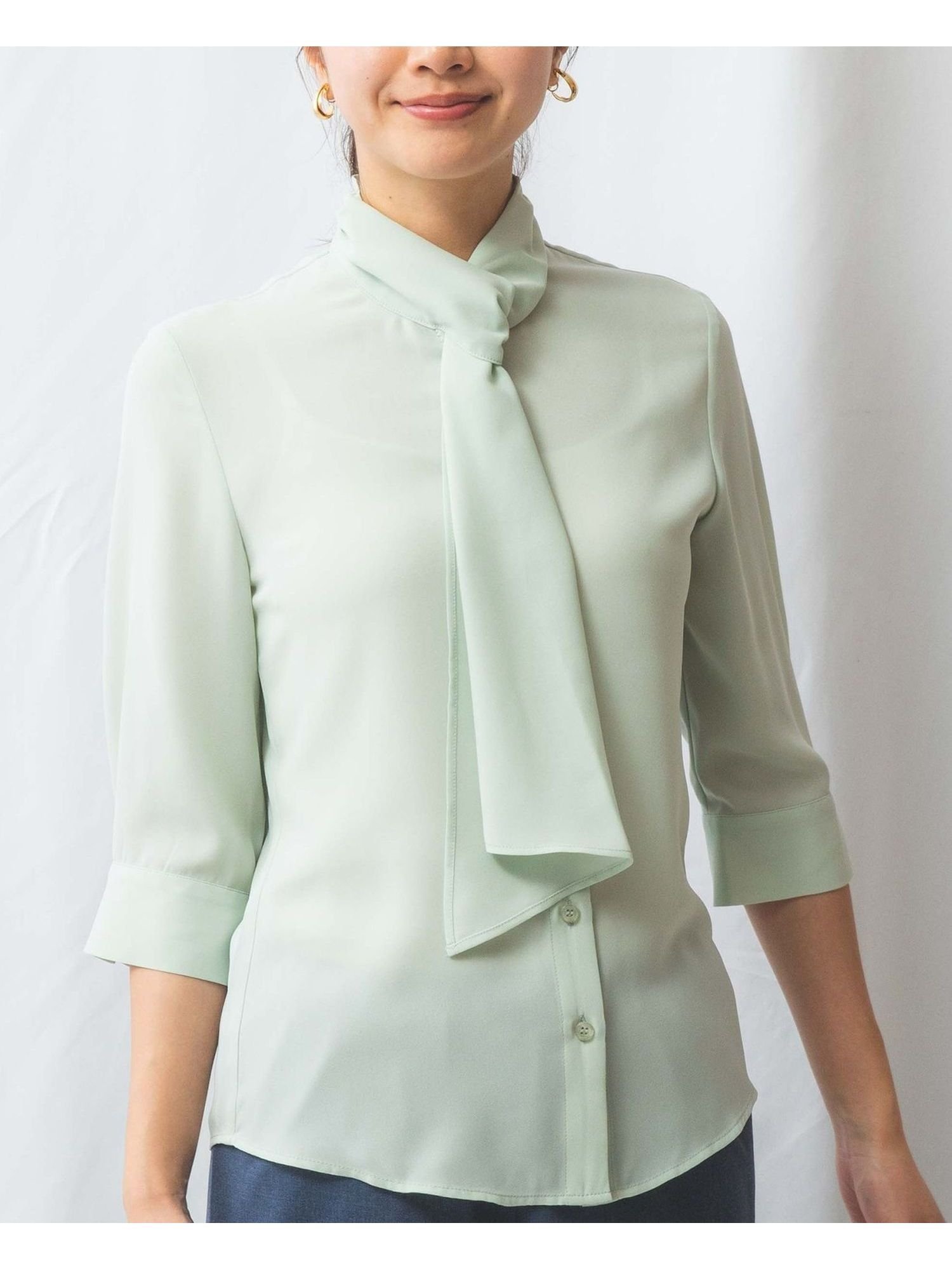 【ナラ カミーチェ/NARACAMICIE】のジョーゼットフリルタイ長袖ブラウス インテリア・キッズ・メンズ・レディースファッション・服の通販 founy(ファニー) 　ファッション　Fashion　レディースファッション　Fashion for Women　トップス・カットソー　Cut & Sew Tops　シャツ・ブラウス・オフィスカジュアル　Elegant Blouses & Button-Ups　イエロー　Yellow　エレガント 上品　Elegant　ジョーゼット　Georgette, Semi-Sheer Fabric　ストレッチ　Stretch, Stretchy Fabric　長袖　Long Sleeve, Full Sleeve　グリーン|ID: prp329100004867405 ipo3291000000036257925