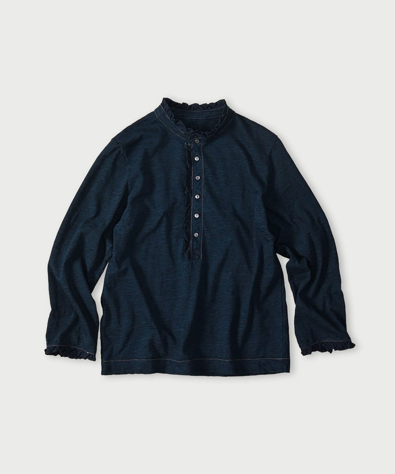 【フォーティファイブ アール/45R】のフリル天竺の四角ヘンリー(インディゴ 濃) インテリア・キッズ・メンズ・レディースファッション・服の通販 founy(ファニー) 　ファッション　Fashion　レディースファッション　Fashion for Women　インディゴ　Indigo Denim　グラデーション　Gradient, Ombre　コンパクト　Compact, Small Size　ダメージ　Distressed, Destroyed　デニム　Denim, Jeans Material　フリル　Frill, Ruffle　R45 濃|ID: prp329100004867903 ipo3291000000036266253