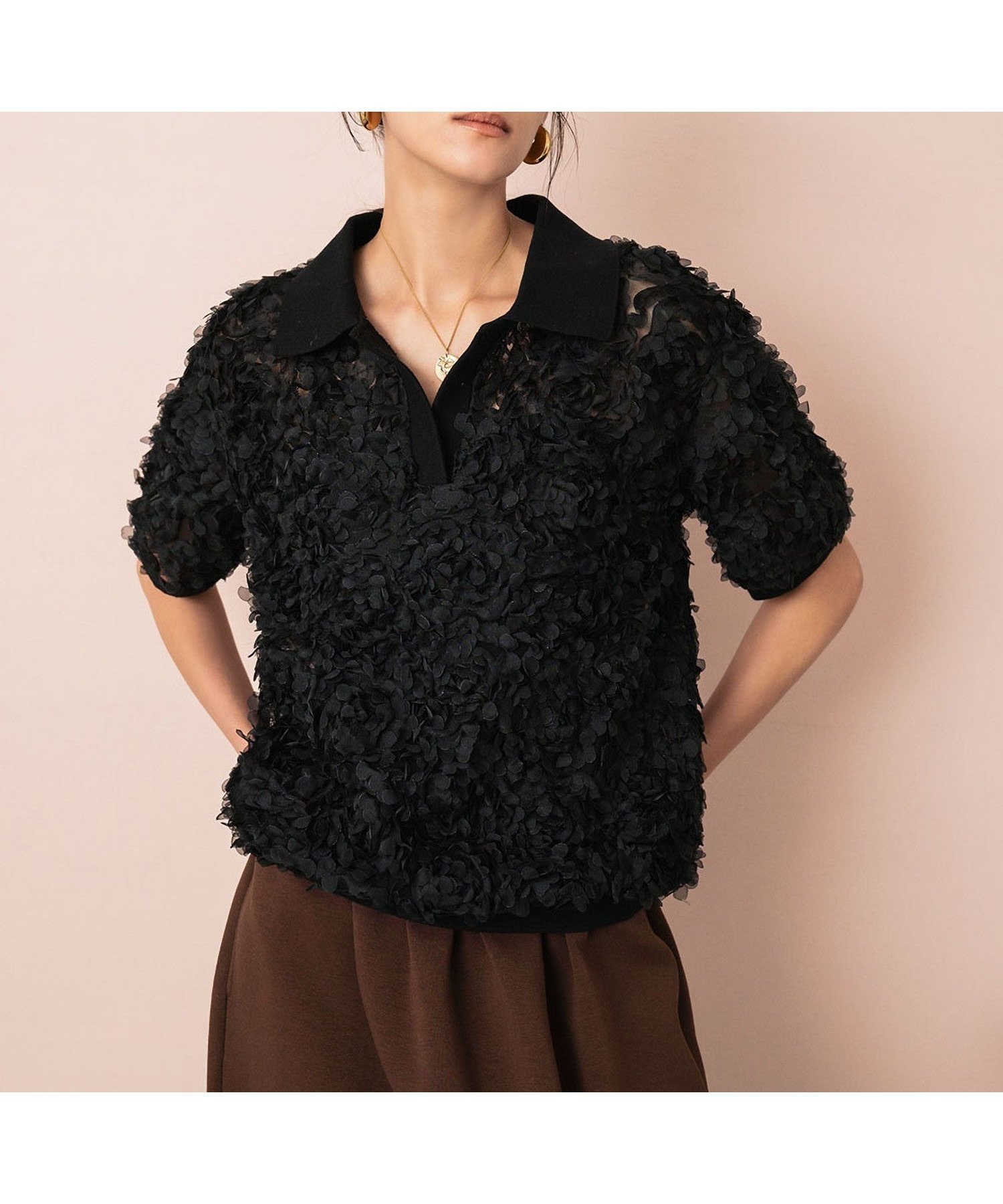 【その他のブランド/Other】の【2026SS】フラワーテクスチャー ポロシャツ シアー 襟付き 半袖 人気、トレンドファッション・服の通販 founy(ファニー) 　ファッション　Fashion　レディースファッション　Fashion for Women　トップス・カットソー　Cut & Sew Tops　シャツ・ブラウス・オフィスカジュアル　Elegant Blouses & Button-Ups　ポロシャツ・きれいめカジュアル　Smart-Casual Polo Tops　アクセサリー　Fashion Accessories　ガーリー　Girly, Feminine Style　シアー　Sheer, See-Through　チュール　Tulip, Tulip Motif　デニム　Denim, Jeans Material　トレンド　Trend, Trending Now　フラワー　Flower, Floral　ブラウジング　Blouson Silhouette, Cinched Waist　ボトム　Bottoms, Lower Wear　ポロシャツ　Polo Shirt, Collared Tee　半袖　Short Sleeve, Half Sleeve　モチーフ　Motif, Design Theme　再入荷　Restock / Back in Stock　エレガント 上品　Elegant　2026年　2026　 other-1|ID: prp329100004867983 ipo3291000000036268211