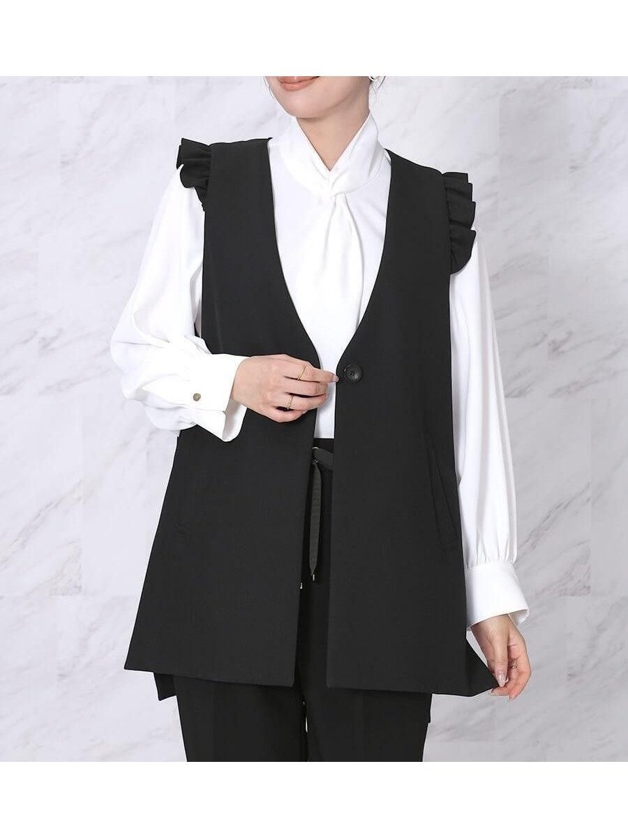 【ヴァン/Vin】のノーカラー3WAYフリルジレ インテリア・キッズ・メンズ・レディースファッション・服の通販 founy(ファニー) 　ファッション　Fashion　レディースファッション　Fashion for Women　アウター　Coat / Outerwear Collection　トップス・カットソー　Cut & Sew Tops　ベスト&ジレ / 重ね着スタイル　Vests & Gilets　インナー　Innerwear　シンプル　Simple, Minimal　ジャケット　Jacket, Outerwear　フリル　Frill, Ruffle　プリント　Print, Printed Pattern　ロング　Long, Long-Length　無地　Plain, Solid Color　ブラック|ID: prp329100004868023 ipo3291000000036268967