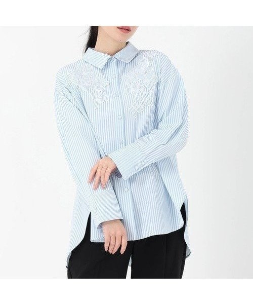 【ストロベリーフィールズ/STRAWBERRY FIELDS】のストライプミックスアップリケシャツ インテリア・キッズ・メンズ・レディースファッション・服の通販 founy(ファニー) 　ファッション　Fashion　レディースファッション　Fashion for Women　トップス・カットソー　Cut & Sew Tops　シャツ・ブラウス・オフィスカジュアル　Elegant Blouses & Button-Ups　サックス3|ID: prp329100004868048 ipo3291000000036269608