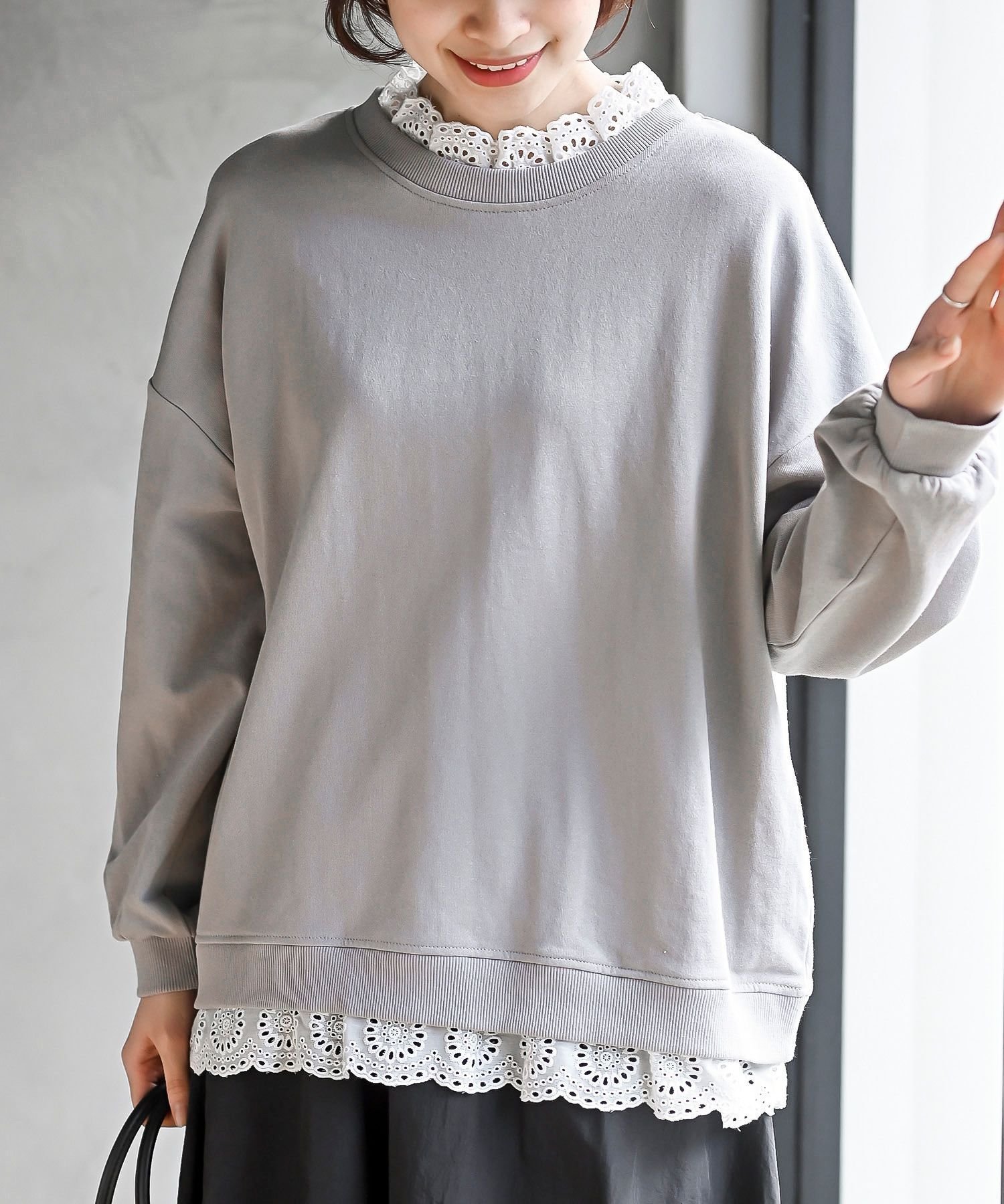 【アールピーエス/rps】の裏毛レース付きプルオーバー インテリア・キッズ・メンズ・レディースファッション・服の通販 founy(ファニー) 　ファッション　Fashion　レディースファッション　Fashion for Women　トップス・カットソー　Cut & Sew Tops　カジュアルプルオーバー・ニットトップス　Pullovers & Knit Tops / Casual Pullovers　ガーリー　Girly, Feminine Style　ショルダー　Shoulder, Shoulder Strap　ドロップ　Drop Shoulder, Dropped Style　レース　Lace, Lace Fabric　再入荷　Restock / Back in Stock　グレー|ID: prp329100004868073 ipo3291000000036270056