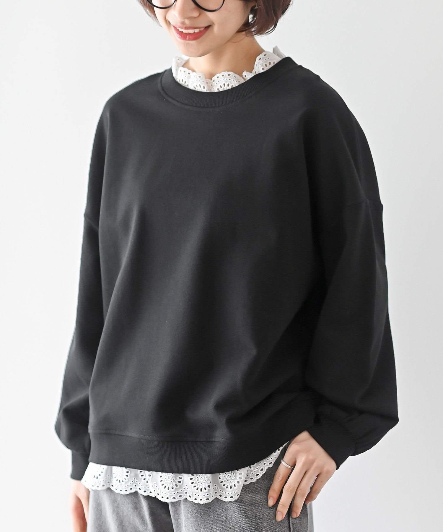 【アールピーエス/rps】の裏毛レース付きプルオーバー インテリア・キッズ・メンズ・レディースファッション・服の通販 founy(ファニー) 　ファッション　Fashion　レディースファッション　Fashion for Women　トップス・カットソー　Cut & Sew Tops　カジュアルプルオーバー・ニットトップス　Pullovers & Knit Tops / Casual Pullovers　ガーリー　Girly, Feminine Style　ショルダー　Shoulder, Shoulder Strap　ドロップ　Drop Shoulder, Dropped Style　レース　Lace, Lace Fabric　再入荷　Restock / Back in Stock　ブラック|ID: prp329100004868073 ipo3291000000036270059