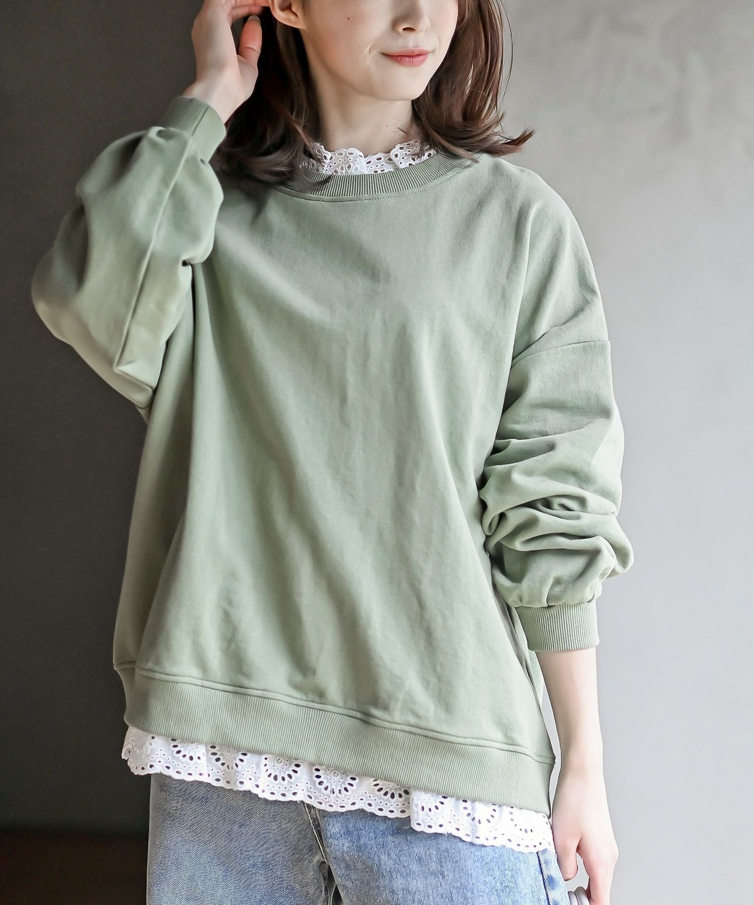 【アールピーエス/rps】の裏毛レース付きプルオーバー インテリア・キッズ・メンズ・レディースファッション・服の通販 founy(ファニー) 　ファッション　Fashion　レディースファッション　Fashion for Women　トップス・カットソー　Cut & Sew Tops　カジュアルプルオーバー・ニットトップス　Pullovers & Knit Tops / Casual Pullovers　ガーリー　Girly, Feminine Style　ショルダー　Shoulder, Shoulder Strap　ドロップ　Drop Shoulder, Dropped Style　レース　Lace, Lace Fabric　再入荷　Restock / Back in Stock　グリーン|ID: prp329100004868073 ipo3291000000036270060