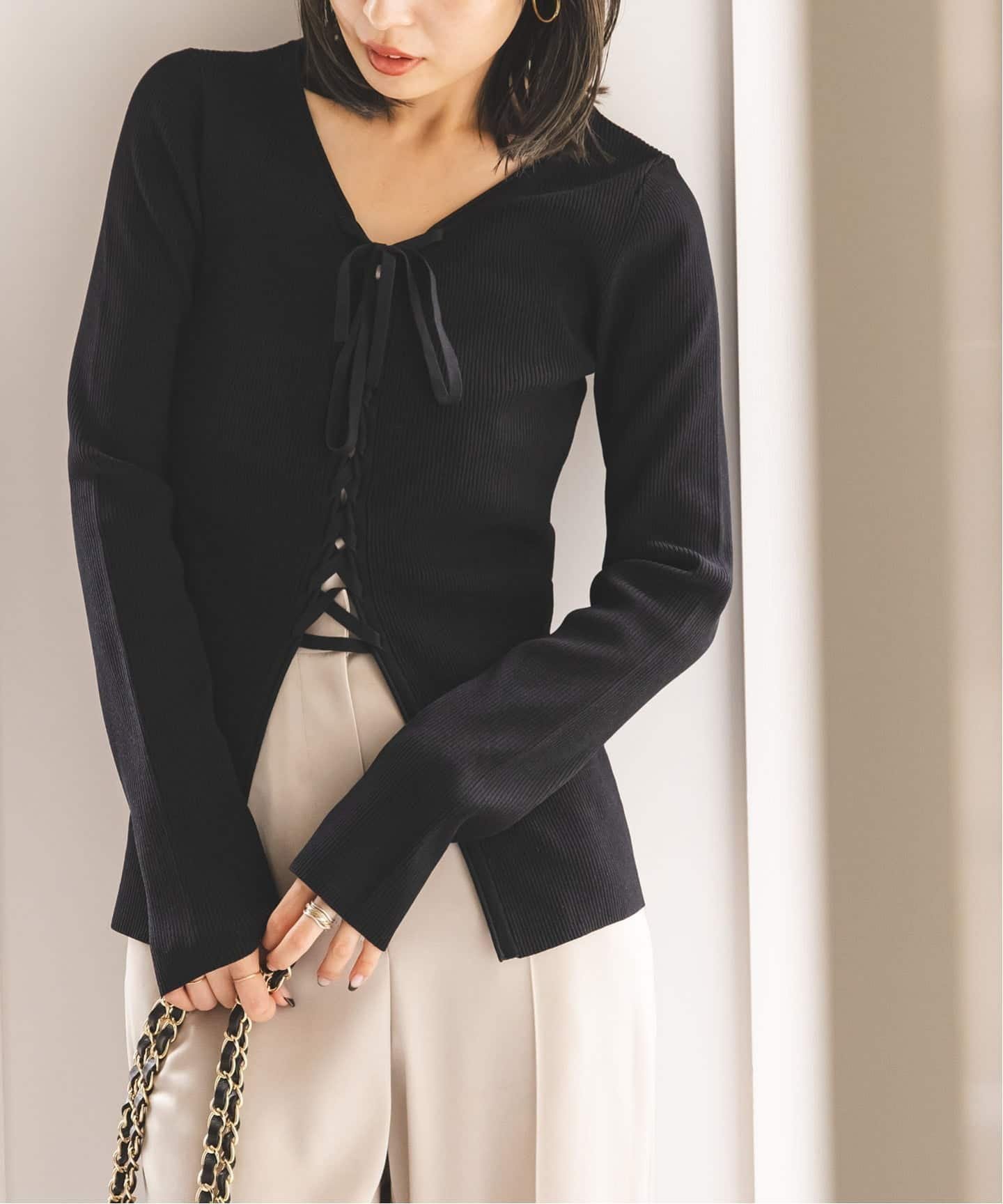 【ノーブル / スピック&スパン/NOBLE / Spick & Span】の《WEB限定追加》レースアップリブニット インテリア・キッズ・メンズ・レディースファッション・服の通販 founy(ファニー) ファッション Fashion レディースファッション Fashion for Women トップス・カットソー Cut & Sew Tops ニット Knit Tops & Sweaters おすすめ Recommended / Our Picks アクセサリー Fashion Accessories インナー Innerwear クール Cool, Chic シンプル Simple, Minimal ジャケット Jacket, Outerwear スタイリッシュ Stylish, Fashionable ネックレス Necklace, Pendant Necklace フェミニン Feminine, Girly フロント Front, Front Design リボン Ribbon, Bow レース Lace, Lace Fabric 再入荷 Restock / Back in Stock ブラック|ID: prp329100004868080 ipo3291000000036270142