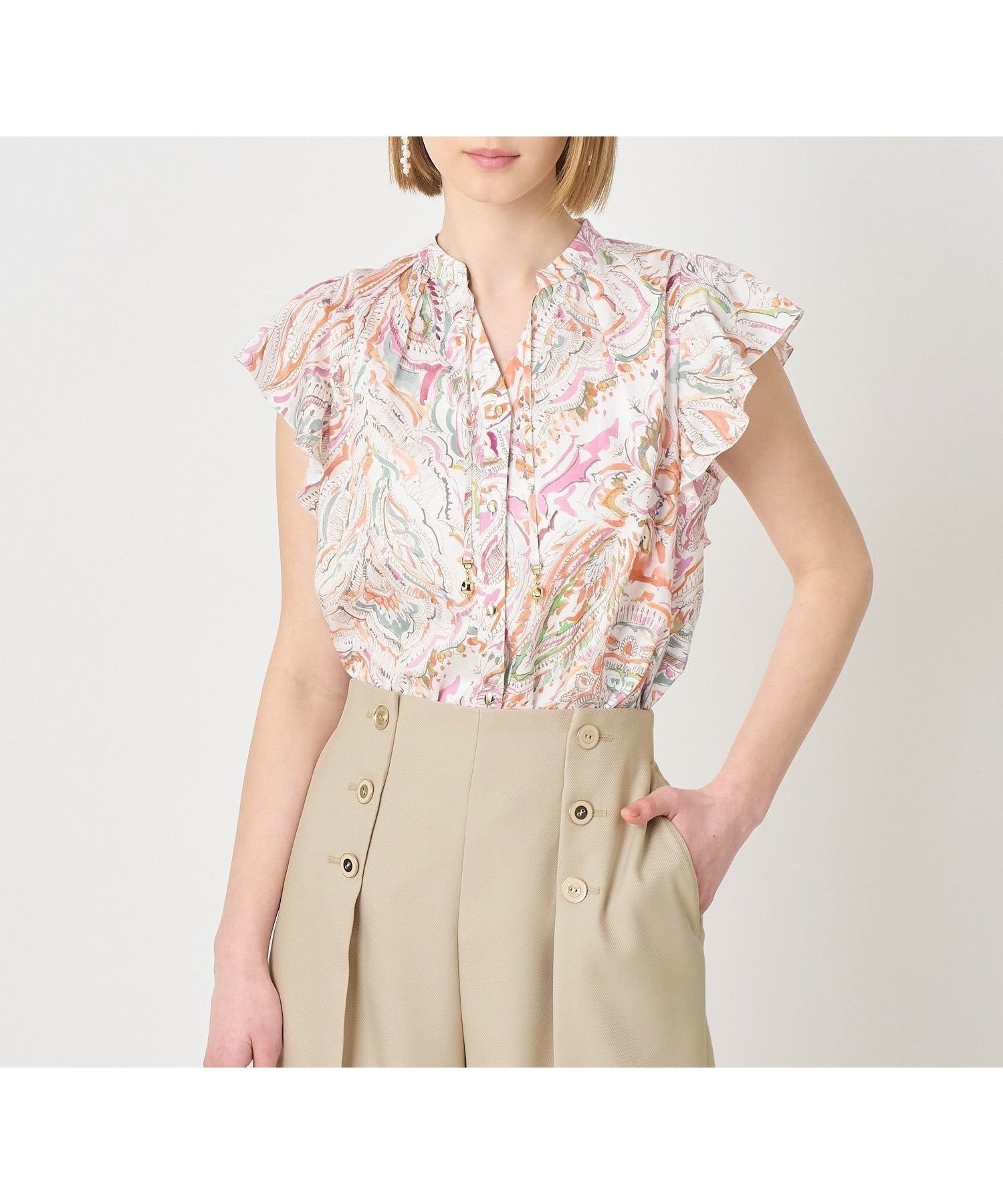 【アナイ/ANAYI】のペイントペイズリープリントフレア ブラウス インテリア・キッズ・メンズ・レディースファッション・服の通販 founy(ファニー) 　ファッション　Fashion　レディースファッション　Fashion for Women　トップス・カットソー　Cut & Sew Tops　シャツ・ブラウス・オフィスカジュアル　Elegant Blouses & Button-Ups　イエロー　Yellow　オレンジ　Orange　スキッパー　Skipper, Open Collar　スマート　Smart, Elegant　セットアップ　Set-Up, Coordinated Outfit　チャーム　Charm, Pendant　フェミニン　Feminine, Girly　フォルム　Silhouette, Form　プリント　Print, Printed Pattern　ペイズリー　Paisley, Ethnic Pattern　メタル　Metal, Metal Parts　リボン　Ribbon, Bow　リラックス　Relax, Relaxed Fit　S/S・春夏　SS, Spring/Summer, Warm Season　再入荷　Restock / Back in Stock　夏　Summer　pink|ID: prp329100004868398 ipo3291000000036274592