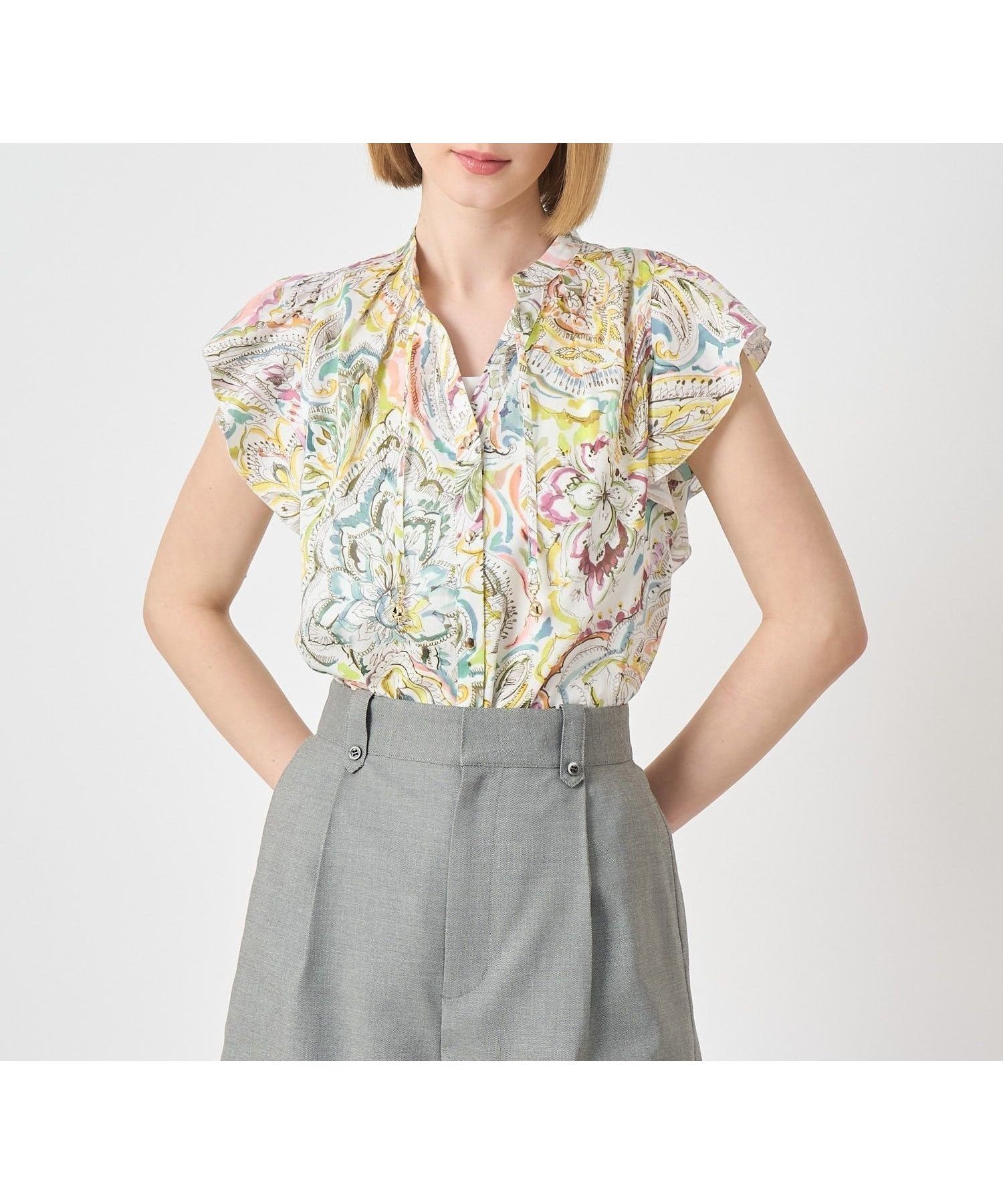 【アナイ/ANAYI】のペイントペイズリープリントフレア ブラウス インテリア・キッズ・メンズ・レディースファッション・服の通販 founy(ファニー) 　ファッション　Fashion　レディースファッション　Fashion for Women　トップス・カットソー　Cut & Sew Tops　シャツ・ブラウス・オフィスカジュアル　Elegant Blouses & Button-Ups　イエロー　Yellow　オレンジ　Orange　スキッパー　Skipper, Open Collar　スマート　Smart, Elegant　セットアップ　Set-Up, Coordinated Outfit　チャーム　Charm, Pendant　フェミニン　Feminine, Girly　フォルム　Silhouette, Form　プリント　Print, Printed Pattern　ペイズリー　Paisley, Ethnic Pattern　メタル　Metal, Metal Parts　リボン　Ribbon, Bow　リラックス　Relax, Relaxed Fit　S/S・春夏　SS, Spring/Summer, Warm Season　再入荷　Restock / Back in Stock　夏　Summer　multi|ID: prp329100004868398 ipo3291000000036274593