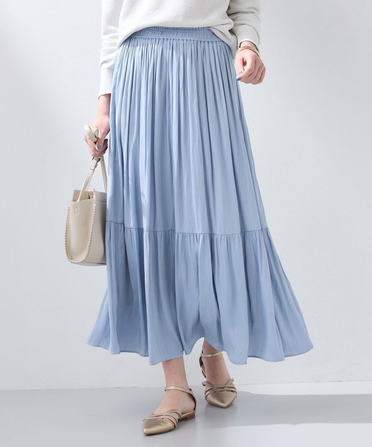 【インディヴィ/INDIVI】の【洗える/丈調整可能】ギャザーフレアスカート インテリア・キッズ・メンズ・レディースファッション・服の通販 founy(ファニー) 　ファッション　Fashion　レディースファッション　Fashion for Women　スカート　Skirts　Aライン・フレアスカート　A-Line & Flared Skirts　おすすめ　Recommended / Our Picks　サテン　Satin, Glossy Fabric　ジャケット　Jacket, Outerwear　スマート　Smart, Elegant　ポケット　Pocket, Pocket Detail　エレガント 上品　Elegant　洗える　Machine Washable　サックスブルー|ID: prp329100004868420 ipo3291000000036275230