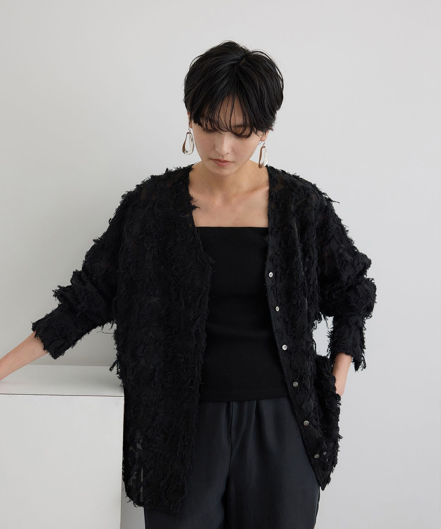 【サロン アダム エ ロペ/SALON adam et rope'】のモチーフカットジャガードブラウス インテリア・キッズ・メンズ・レディースファッション・服の通販 founy(ファニー) 　ファッション　Fashion　レディースファッション　Fashion for Women　トップス・カットソー　Cut & Sew Tops　シャツ・ブラウス・オフィスカジュアル　Elegant Blouses & Button-Ups　春　Spring　カットジャガード　Cut Jacquard　シアー　Sheer, See-Through　シンプル　Simple, Minimal　ダウン　Down, Puffer　デニム　Denim, Jeans Material　バランス　Balance, Style Balance　フォーマル　Formal, Dressy　フリンジ　Fringe, Tassel　ボトム　Bottoms, Lower Wear　羽織　Haori, Light Jacket　S/S・春夏　SS, Spring/Summer, Warm Season　夏　Summer　エレガント 上品　Elegant　セレモニー　Ceremony　ビジネス 仕事 通勤　Business / Work / Commuting　ブラック(01)|ID: prp329100004869055 ipo3291000000036283457