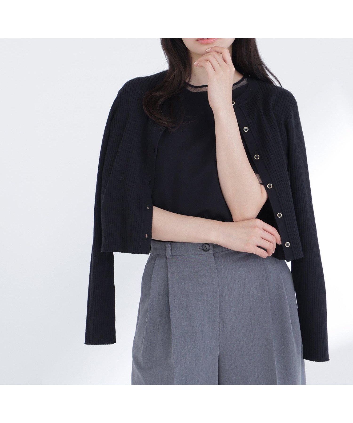 【ナチュラル ビューティー ベーシック/NATURAL BEAUTY BASIC】のシアーラインニットアンサンブル インテリア・キッズ・メンズ・レディースファッション・服の通販 founy(ファニー) 　ファッション　Fashion　レディースファッション　Fashion for Women　トップス・カットソー　Cut & Sew Tops　ニット　Knit Tops & Sweaters　アンサンブルニット　Knit Ensembles & Twin Sets　アンサンブル　Ensemble Set　インナー　Innerwear　カーディガン　Cardigan, Knitwear　シアー　Sheer, See-Through　半袖　Short Sleeve, Half Sleeve　夏　Summer　春　Spring　S/S・春夏　SS, Spring/Summer, Warm Season　ブラック|ID: prp329100004869060 ipo3291000000036283561