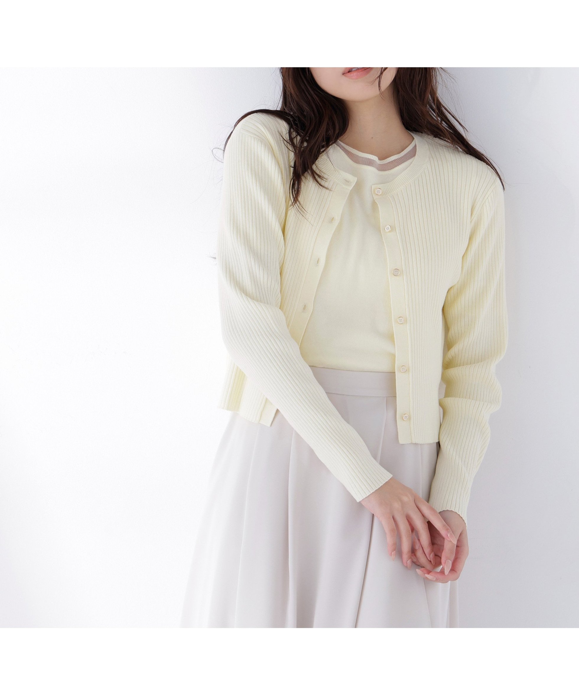 【ナチュラル ビューティー ベーシック/NATURAL BEAUTY BASIC】のシアーラインニットアンサンブル インテリア・キッズ・メンズ・レディースファッション・服の通販 founy(ファニー) 　ファッション　Fashion　レディースファッション　Fashion for Women　トップス・カットソー　Cut & Sew Tops　ニット　Knit Tops & Sweaters　アンサンブルニット　Knit Ensembles & Twin Sets　アンサンブル　Ensemble Set　インナー　Innerwear　カーディガン　Cardigan, Knitwear　シアー　Sheer, See-Through　半袖　Short Sleeve, Half Sleeve　夏　Summer　春　Spring　S/S・春夏　SS, Spring/Summer, Warm Season　ペールイエロー|ID: prp329100004869060 ipo3291000000036283564