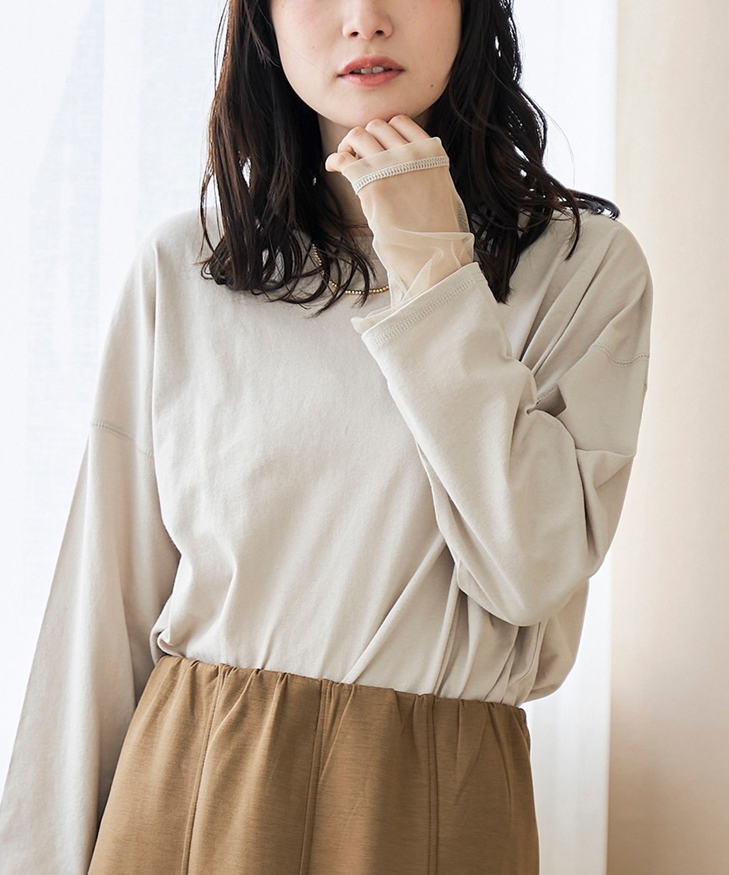 【コーエン/COEN】の【再入荷・新色登場】袖チュール切替ロングスリーブTシャツ(インフルエンサー紹介アイテム) インテリア・キッズ・メンズ・レディースファッション・服の通販 founy(ファニー) 　ファッション　Fashion　レディースファッション　Fashion for Women　トップス・カットソー　Cut & Sew Tops　シャツ・ブラウス・オフィスカジュアル　Elegant Blouses & Button-Ups　ロングTシャツ・Tシャツ　Longline T-Shirts & Tees　インナー　Innerwear　切替　Switching, Contrast Panel　スウェット / スエット　Sweatshirt, Sweatwear　スニーカー　Sneakers, Trainers　スリーブ　Sleeve, Long Sleeve / Short Sleeve　チュール　Tulip, Tulip Motif　デニム　Denim, Jeans Material　人気　Popular, Best Seller　ビスチェ　Bustier, Corset Top　ボトム　Bottoms, Lower Wear　ボーダー　Border, Stripe　ロング　Long, Long-Length　再入荷　Restock / Back in Stock　おすすめ　Recommended / Our Picks　BEIGE|ID: prp329100004869081 ipo3291000000036284249