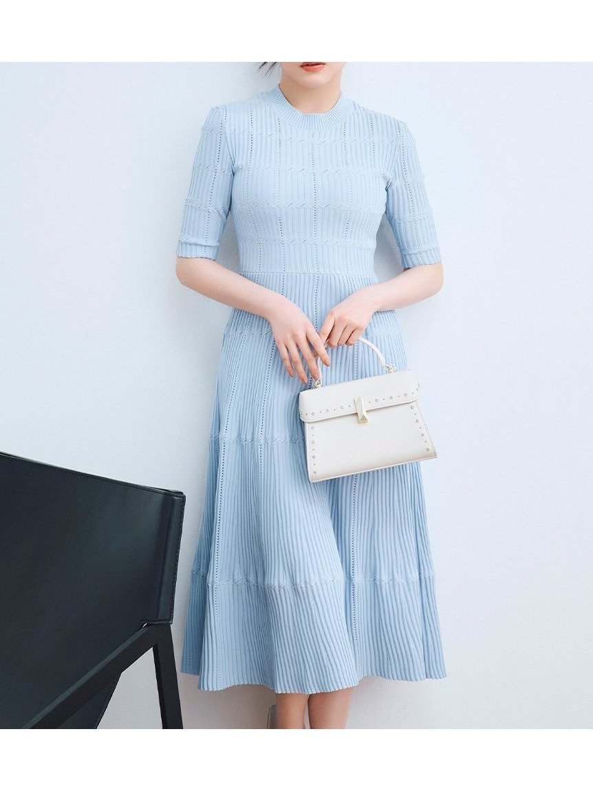 【セルフォード/CELFORD】の【洗える】ディフォメーションワンピース インテリア・キッズ・メンズ・レディースファッション・服の通販 founy(ファニー) 　ファッション　Fashion　レディースファッション　Fashion for Women　ワンピース　Dresses　おすすめ　Recommended / Our Picks　アイレット　Eyelet Lace　ストレート　Straight, Straight Cut　スマート　Smart, Elegant　セットアップ　Set-Up, Coordinated Outfit　フィット　Fit, Slim Fit　フレア　Flare, Flared　ワイドリブ　Wide Rib, Wide Ribbed Knit　人気　Popular, Best Seller　定番　Standard, Basic Item　洗える　Machine Washable　透かし　Cut-Out, Lacework　SAX[083]|ID: prp329100004869094 ipo3291000000036284411