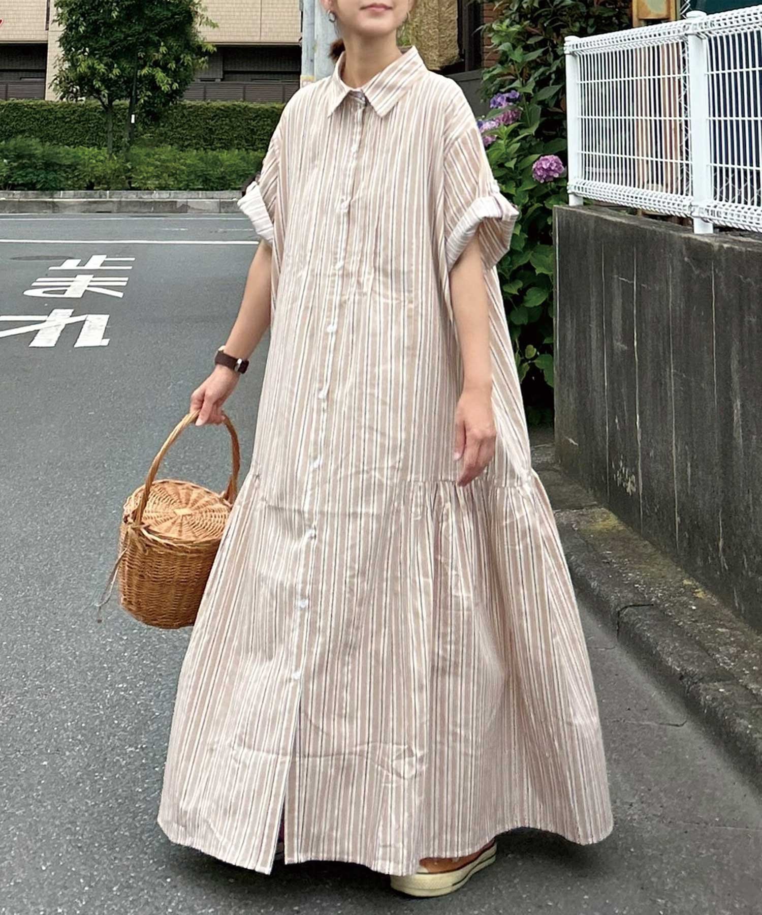 【コーナーズ/CORNERS】の【CORNERS by KR】サイドギャザーシャツワンピース インテリア・キッズ・メンズ・レディースファッション・服の通販 founy(ファニー) 　ファッション　Fashion　レディースファッション　Fashion for Women　ワンピース　Dresses　シャツワンピース / 1枚で着映えコーデ　Shirt Dresses　ギャザー　Gathered, Ruffled　ストライプ　Stripe, Striped Pattern　ポケット　Pocket, Pocket Detail　羽織　Haori, Light Jacket　無地　Plain, Solid Color　ベージュ×ホワイト|ID: prp329100004869102 ipo3291000000036284465