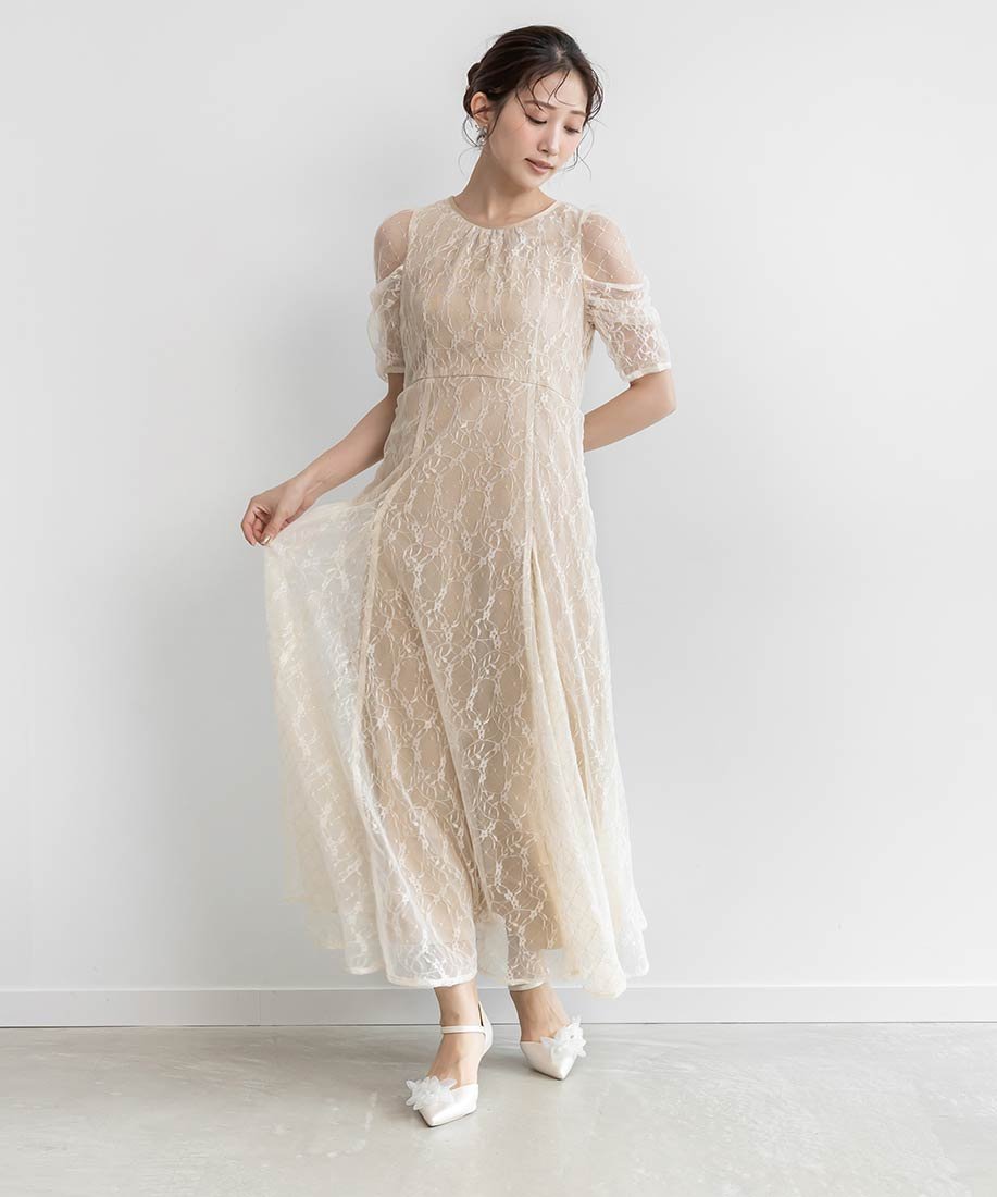 【ランダ/RANDA】のデザインスリーブチュールレイヤードワンピース インテリア・キッズ・メンズ・レディースファッション・服の通販 founy(ファニー) 　ファッション　Fashion　レディースファッション　Fashion for Women　ワンピース　Dresses　おすすめ　Recommended / Our Picks　サテン　Satin, Glossy Fabric　ジャケット　Jacket, Outerwear　スリーブ　Sleeve, Long Sleeve / Short Sleeve　チュール　Tulip, Tulip Motif　レース　Lace, Lace Fabric　エレガント 上品　Elegant　二次会　After Party　結婚式　Wedding　羽織　Haori, Light Jacket　BEIGE|ID: prp329100004869110 ipo3291000000036284612