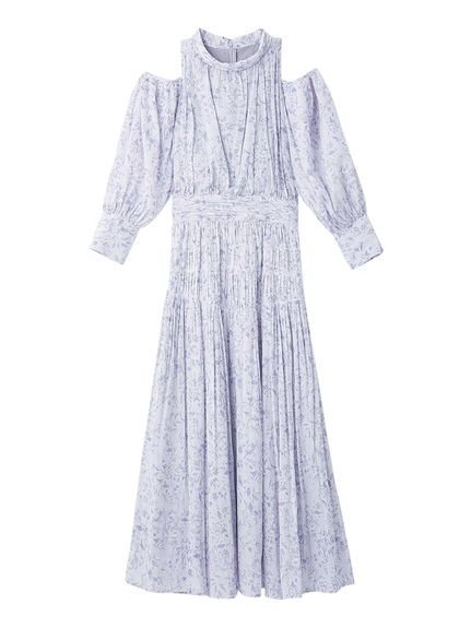 【スナイデル/SNIDEL】のコールドショルダーロングワンピース インテリア・キッズ・メンズ・レディースファッション・服の通販 founy(ファニー) 　ファッション　Fashion　レディースファッション　Fashion for Women　ワンピース　Dresses　ウェーブ　Wavy Pattern　エレガント 上品　Elegant　カフス　Cuff Design　ギャザー　Gathered, Ruffled　シャーリング　Shirring, Ruched　スマート　Smart, Elegant　スリーブ　Sleeve, Long Sleeve / Short Sleeve　ドレープ　Drape, Draping Fabric　人気　Popular, Best Seller　ハイネック　High Neck, Mock Neck　プリーツ　Pleats, Pleated　無地　Plain, Solid Color　おすすめ　Recommended / Our Picks　LBLU[081]|ID: prp329100004869118 ipo3291000000036284703