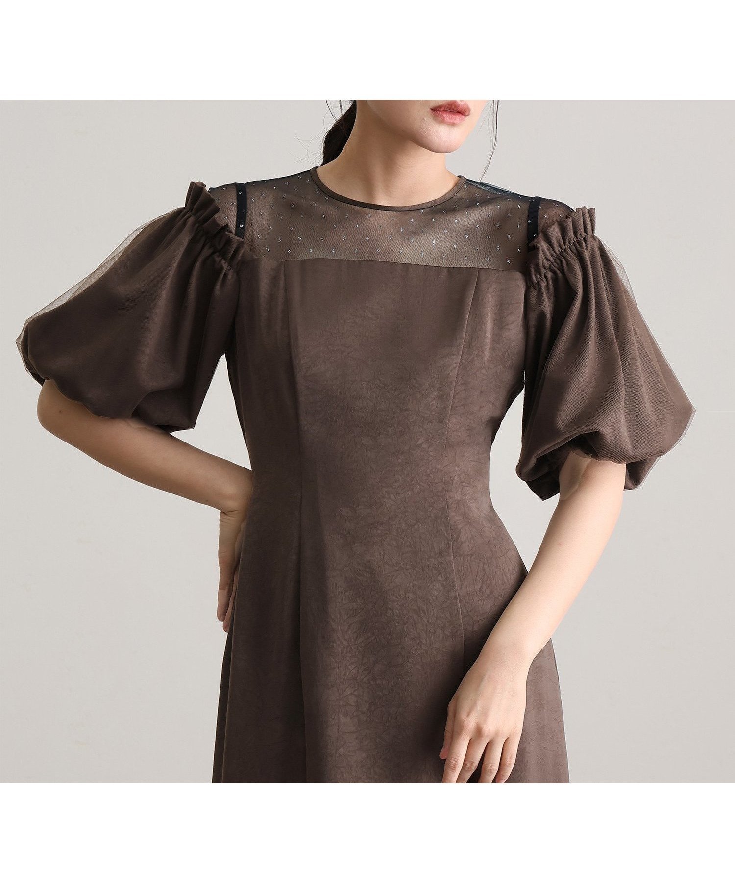 【プールヴー/PourVous】のヴィンテージ風サテンIラインドレス結婚式オケージョンドレス同窓会パーティードレス インテリア・キッズ・メンズ・レディースファッション・服の通販 founy(ファニー) 　ファッション　Fashion　レディースファッション　Fashion for Women　ワンピース　Dresses　フォーマル・パーティードレス・結婚式用ドレス　Elegant & Casual Dresses　エレガント 上品　Elegant　ヴィンテージ　Vintage Style　サテン　Satin, Glossy Fabric　スリーブ　Sleeve, Long Sleeve / Short Sleeve　チュール　Tulip, Tulip Motif　デコルテ　Décolleté, Neckline　ドット　Polka Dot, Dot Pattern　ドレス　Dress, One-Piece　ミックス　Mix, Mixed Style　おすすめ　Recommended / Our Picks　セレモニー　Ceremony　結婚式　Wedding　二次会　After Party　ダークブラウン|ID: prp329100004869152 ipo3291000000036285118