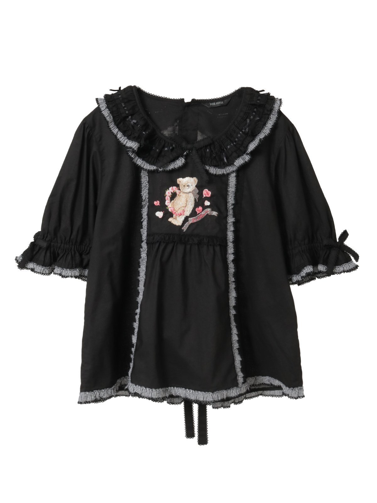 【ピンクハウス/PINK HOUSE】のテディローズ刺繍使いブラウス インテリア・キッズ・メンズ・レディースファッション・服の通販 founy(ファニー) 　ファッション　Fashion　レディースファッション　Fashion for Women　トップス・カットソー　Cut & Sew Tops　シャツ・ブラウス・オフィスカジュアル　Elegant Blouses & Button-Ups　ギンガム　Gingham, Gingham Fabric　サテン　Satin, Glossy Fabric　チェック　Check, Plaid, Tartan　フリル　Frill, Ruffle　フロント　Front, Front Design　モチーフ　Motif, Design Theme　リボン　Ribbon, Bow　レース　Lace, Lace Fabric　ローズ　Rose, Rose Motif　春　Spring　クロ|ID: prp329100004869486 ipo3291000000036290999