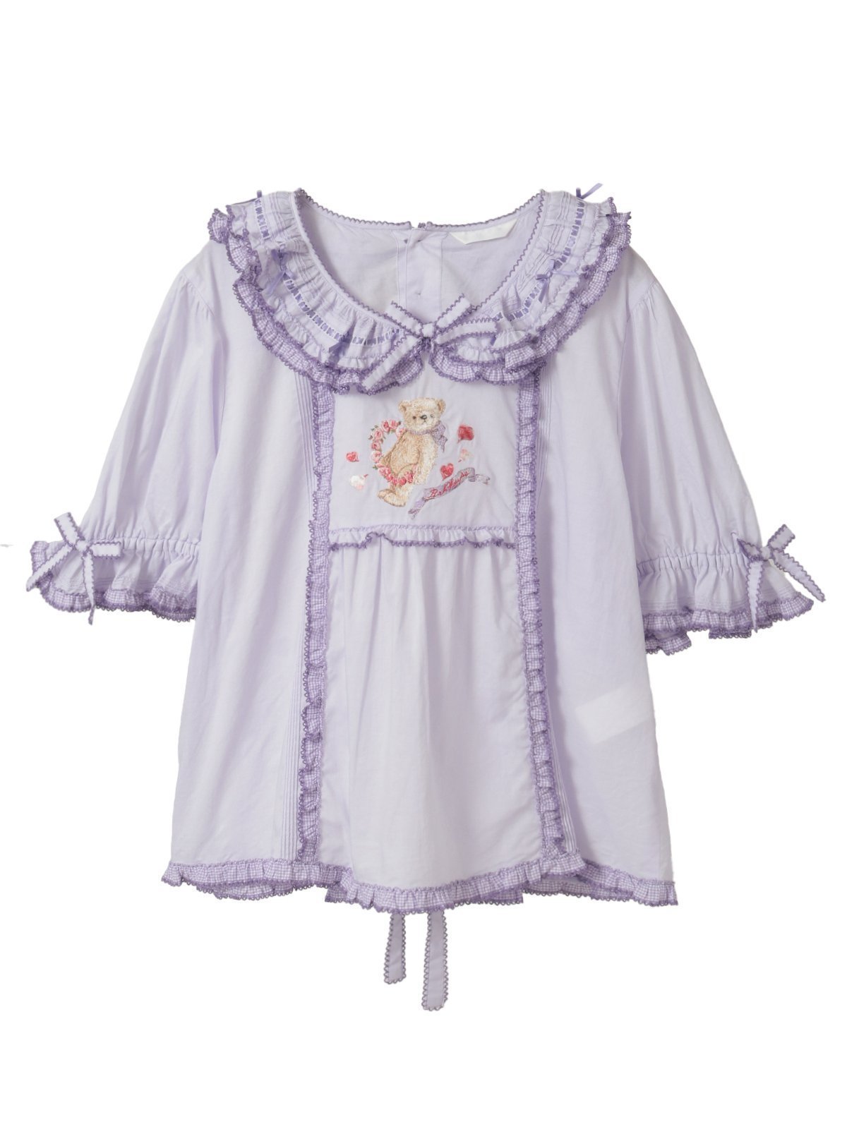 【ピンクハウス/PINK HOUSE】のテディローズ刺繍使いブラウス インテリア・キッズ・メンズ・レディースファッション・服の通販 founy(ファニー) 　ファッション　Fashion　レディースファッション　Fashion for Women　トップス・カットソー　Cut & Sew Tops　シャツ・ブラウス・オフィスカジュアル　Elegant Blouses & Button-Ups　ギンガム　Gingham, Gingham Fabric　サテン　Satin, Glossy Fabric　チェック　Check, Plaid, Tartan　フリル　Frill, Ruffle　フロント　Front, Front Design　モチーフ　Motif, Design Theme　リボン　Ribbon, Bow　レース　Lace, Lace Fabric　ローズ　Rose, Rose Motif　春　Spring　ラベンダー|ID: prp329100004869486 ipo3291000000036291006