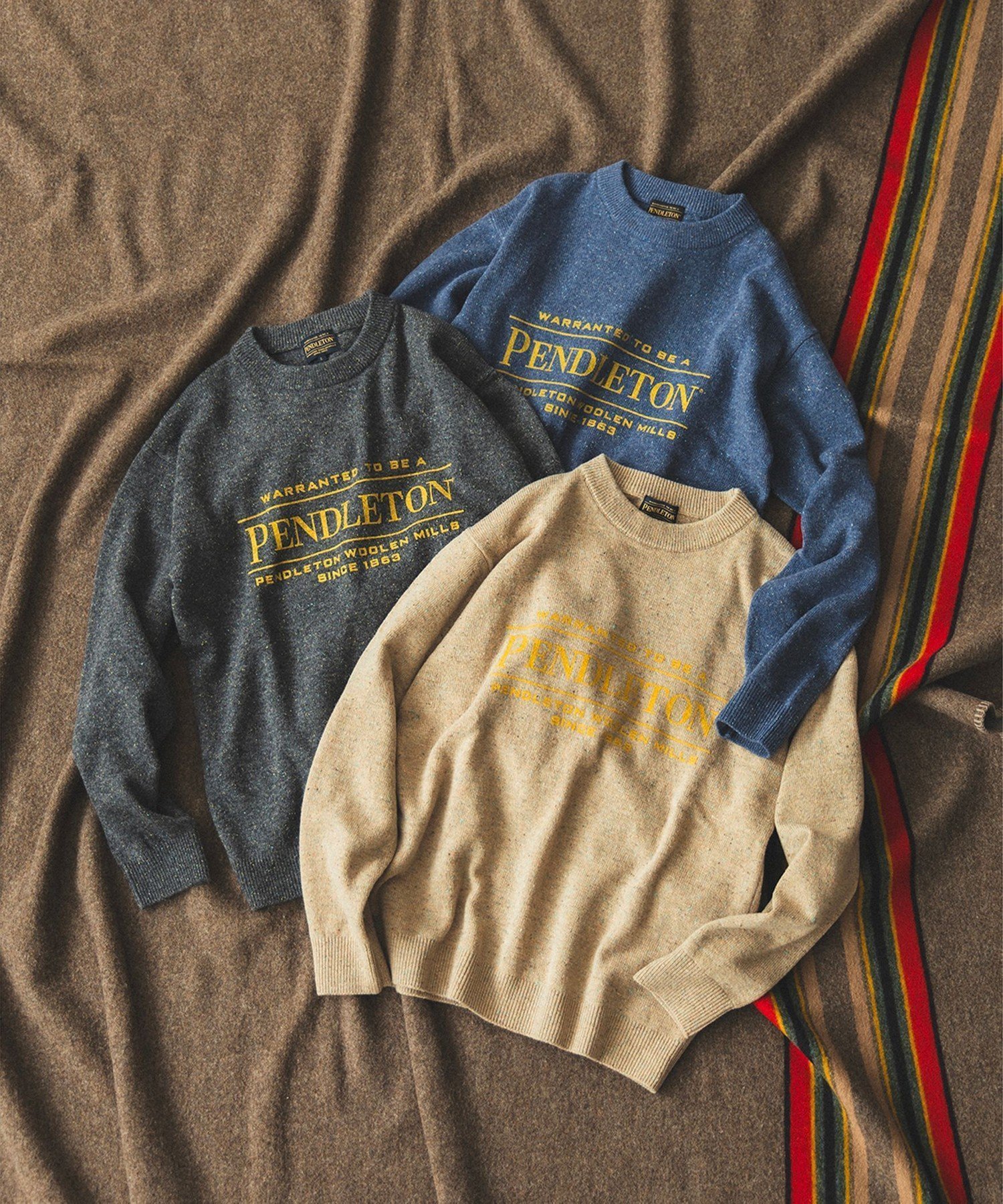 【ビーミングライフストアバイビームス/B:MING LIFE STORE by BEAMS】の【別注】PENDLETON / ロゴ クルーネック ニット インテリア・キッズ・メンズ・レディースファッション・服の通販 founy(ファニー) 　ファッション　Fashion　レディースファッション　Fashion for Women　トップス・カットソー　Cut & Sew Tops　ニット　Knit Tops & Sweaters　イエロー　Yellow　ネップ　Nepp, Slub Yarn　パターン　Pattern, Design Print　フロント　Front, Front Design　プリント　Print, Printed Pattern　別注　Limited Edition, Custom Order　BEIGE|ID: prp329100004869515 ipo3291000000036291781