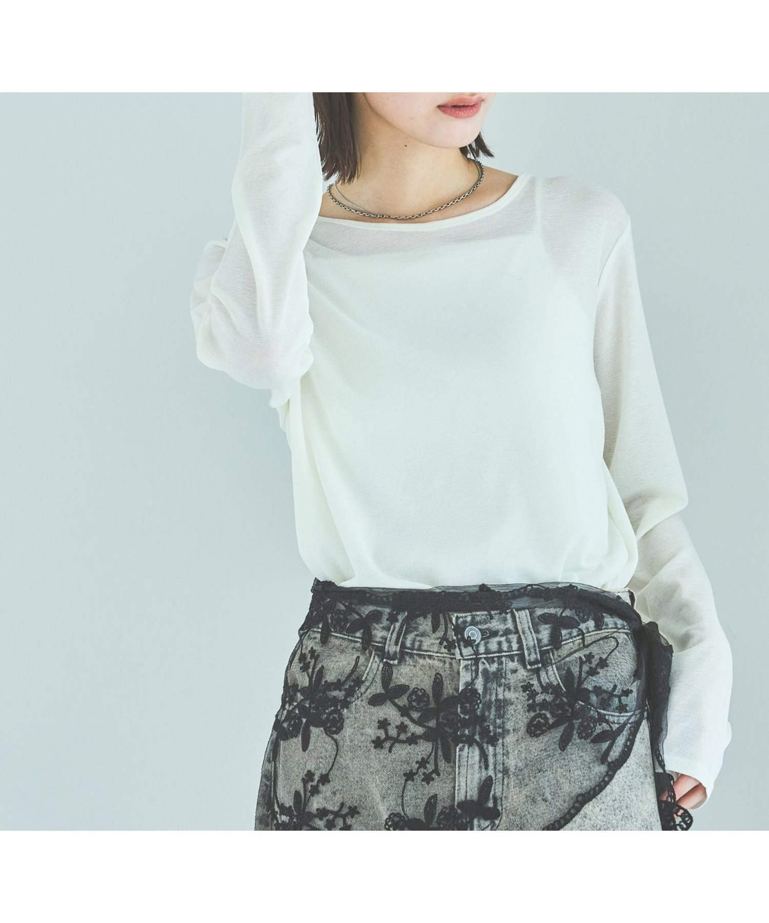 【ラコレ/LAKOLE】のスラブシアー長袖T インテリア・キッズ・メンズ・レディースファッション・服の通販 founy(ファニー) 　ファッション　Fashion　レディースファッション　Fashion for Women　トップス・カットソー　Cut & Sew Tops　インナー　Innerwear　サロペット　Overalls, Salopette　シアー　Sheer, See-Through　シンプル　Simple, Minimal　ジャケット　Jacket, Outerwear　長袖　Long Sleeve, Full Sleeve　オフホワイト|ID: prp329100004869539 ipo3291000000036292545