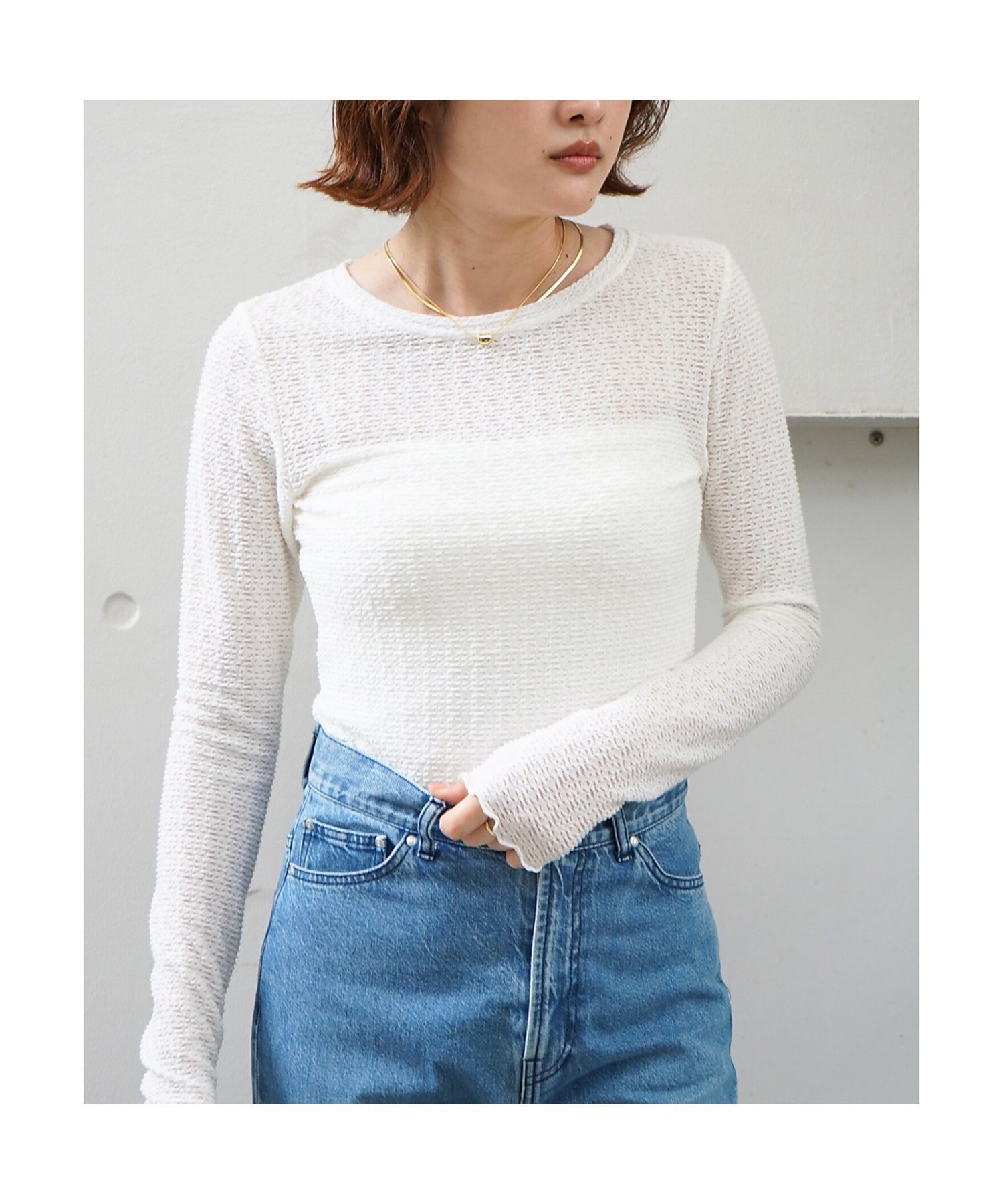 【カリテ/qualite】のジャカードニットメロウトップス インテリア・キッズ・メンズ・レディースファッション・服の通販 founy(ファニー) 　ファッション　Fashion　レディースファッション　Fashion for Women　トップス・カットソー　Cut & Sew Tops　ニット　Knit Tops & Sweaters　インナー　Innerwear　シアー　Sheer, See-Through　ジャカード／ジャガード　Jacquard, Woven Pattern　ジャケット　Jacket, Outerwear　エレガント 上品　Elegant　春　Spring　ビジネス 仕事 通勤　Business / Work / Commuting　ホワイト|ID: prp329100004869560 ipo3291000000036292918