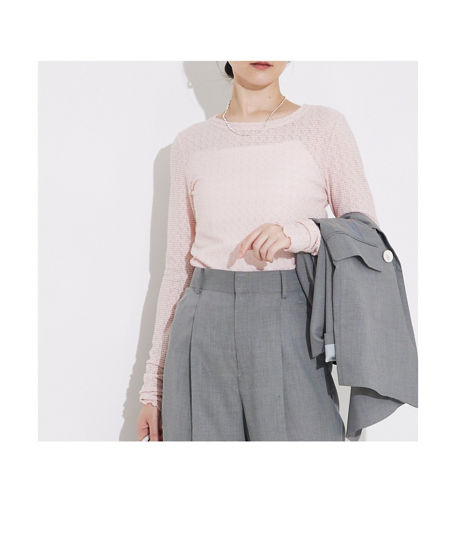 【カリテ/qualite】のジャカードニットメロウトップス インテリア・キッズ・メンズ・レディースファッション・服の通販 founy(ファニー) 　ファッション　Fashion　レディースファッション　Fashion for Women　トップス・カットソー　Cut & Sew Tops　ニット　Knit Tops & Sweaters　インナー　Innerwear　シアー　Sheer, See-Through　ジャカード／ジャガード　Jacquard, Woven Pattern　ジャケット　Jacket, Outerwear　エレガント 上品　Elegant　春　Spring　ビジネス 仕事 通勤　Business / Work / Commuting　ピンク|ID: prp329100004869560 ipo3291000000036292920