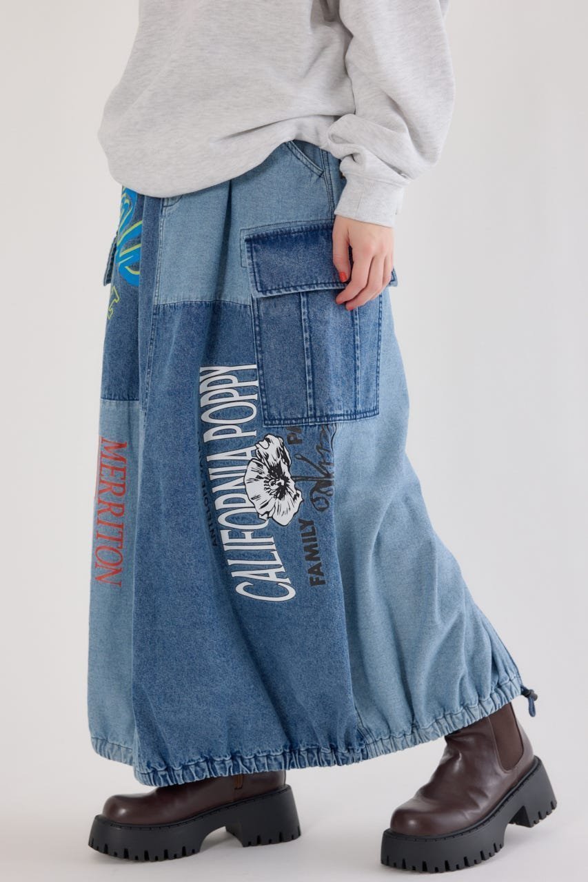 【ロデオクラウンズワイドボウル/RODEO CROWNS WIDE BOWL】のカスタムリメイクスカート インテリア・キッズ・メンズ・レディースファッション・服の通販 founy(ファニー) 　ファッション　Fashion　レディースファッション　Fashion for Women　スカート　Skirts　インナー　Innerwear　切替　Switching, Contrast Panel　シンプル　Simple, Minimal　デニム　Denim, Jeans Material　ドローコード　Drawcord, Drawstring Cord　バルーン　Balloon, Balloon Silhouette　パッチワーク　Patchwork, Mixed Fabric　ビッグ　Big, Oversized　プリント　Print, Printed Pattern　ミリタリー　Military, Army Style　ラバー　Rubber, Rubber Sole　リメイク　Remake, Reconstructed　リラックス　Relax, Relaxed Fit　ルーズ　Loose, Oversized　おすすめ　Recommended / Our Picks　BLU|ID: prp329100004869578 ipo3291000000036293045