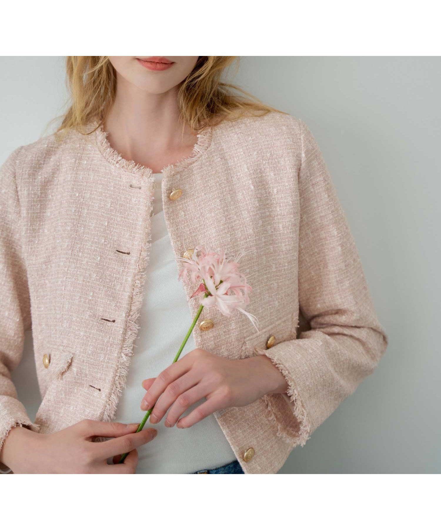【ノエラ/Noela】のツイードジャケット インテリア・キッズ・メンズ・レディースファッション・服の通販 founy(ファニー) 　ファッション　Fashion　レディースファッション　Fashion for Women　アウター　Coat / Outerwear Collection　レディースジャケット・軽アウター　Jackets　コンパクト　Compact, Small Size　ジャケット　Jacket, Outerwear　ツイード　Twill, Twill Weave　ネップ　Nepp, Slub Yarn　フリンジ　Fringe, Tassel　フロント　Front, Front Design　ポケット　Pocket, Pocket Detail　エレガント 上品　Elegant　ピンク|ID: prp329100004869778 ipo3291000000036294400