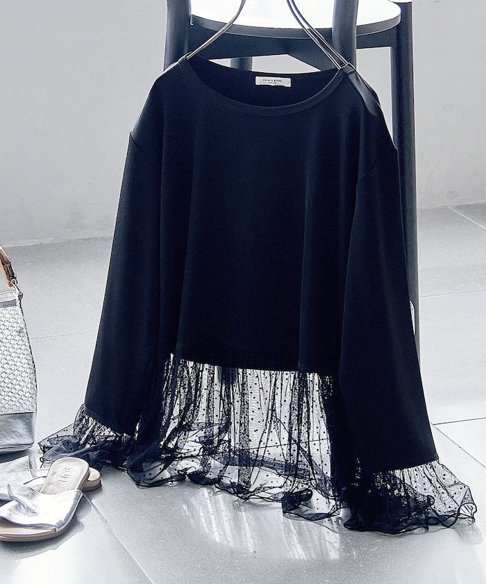 【フリークスストア/FREAK'S STORE】の異素材 ドッキング ロンT インテリア・キッズ・メンズ・レディースファッション・服の通販 founy(ファニー) 　ファッション　Fashion　レディースファッション　Fashion for Women　トップス・カットソー　Cut & Sew Tops　ロングTシャツ・Tシャツ　Longline T-Shirts & Tees　オーガンジー　Organza Fabric　カットソー　Cut and Sewn Top　切替　Switching, Contrast Panel　シアー　Sheer, See-Through　シンプル　Simple, Minimal　ジャケット　Jacket, Outerwear　スウェット / スエット　Sweatshirt, Sweatwear　スリーブ　Sleeve, Long Sleeve / Short Sleeve　ドッキング　Docking, Mixed Material　バランス　Balance, Style Balance　ベーシック　Basic, Essential　ペプラム　Peplum, Flared Hem　ボトム　Bottoms, Lower Wear　レース　Lace, Lace Fabric　ロング　Long, Long-Length　S/S・春夏　SS, Spring/Summer, Warm Season　おすすめ　Recommended / Our Picks　夏　Summer　2026年　2026　ブラックドットチュール|ID: prp329100004870119 ipo3291000000036296818