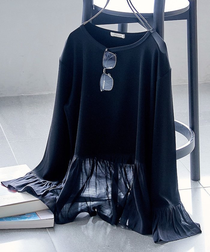 【フリークスストア/FREAK'S STORE】の異素材 ドッキング ロンT インテリア・キッズ・メンズ・レディースファッション・服の通販 founy(ファニー) 　ファッション　Fashion　レディースファッション　Fashion for Women　トップス・カットソー　Cut & Sew Tops　ロングTシャツ・Tシャツ　Longline T-Shirts & Tees　オーガンジー　Organza Fabric　カットソー　Cut and Sewn Top　切替　Switching, Contrast Panel　シアー　Sheer, See-Through　シンプル　Simple, Minimal　ジャケット　Jacket, Outerwear　スウェット / スエット　Sweatshirt, Sweatwear　スリーブ　Sleeve, Long Sleeve / Short Sleeve　ドッキング　Docking, Mixed Material　バランス　Balance, Style Balance　ベーシック　Basic, Essential　ペプラム　Peplum, Flared Hem　ボトム　Bottoms, Lower Wear　レース　Lace, Lace Fabric　ロング　Long, Long-Length　S/S・春夏　SS, Spring/Summer, Warm Season　おすすめ　Recommended / Our Picks　夏　Summer　2026年　2026　ブラックオーガンジー|ID: prp329100004870119 ipo3291000000036296821