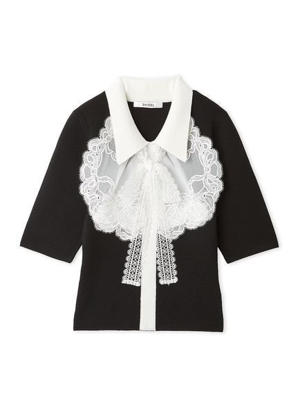 【スナイデル/SNIDEL】のエンブロイダリーカラードッキングニット インテリア・キッズ・メンズ・レディースファッション・服の通販 founy(ファニー) 　ファッション　Fashion　レディースファッション　Fashion for Women　トップス・カットソー　Cut & Sew Tops　ニット　Knit Tops & Sweaters　ウェーブ　Wavy Pattern　エレガント 上品　Elegant　オーガンジー　Organza Fabric　クラシカル　Classical, Vintage-Inspired　シアー　Sheer, See-Through　シフォン　Chiffon, Lightweight Fabric　ストレート　Straight, Straight Cut　スマート　Smart, Elegant　チュール　Tulip, Tulip Motif　ドッキング　Docking, Mixed Material　フィット　Fit, Slim Fit　フロント　Front, Front Design　ヘアアクセ　Hair Accessory, Hair Clip　ボトム　Bottoms, Lower Wear　半袖　Short Sleeve, Half Sleeve　モチーフ　Motif, Design Theme　リボン　Ribbon, Bow　ループ　Loop, Loop Knit　レース　Lace, Lace Fabric　ロマンティック　Romantic, Feminine Style　おすすめ　Recommended / Our Picks　BLK[009]|ID: prp329100004870140 ipo3291000000036297088