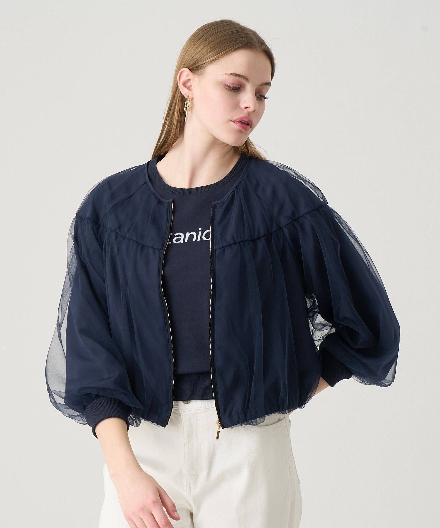 【アナイ/ANAYI】のチュールヨークギャザーブルゾン インテリア・キッズ・メンズ・レディースファッション・服の通販 founy(ファニー) 　ファッション　Fashion　レディースファッション　Fashion for Women　アウター　Coat / Outerwear Collection　ブルゾンジャケット・スポーティアウター　Blouson Jackets　ギャザー　Gathered, Ruffled　スマート　Smart, Elegant　チュール　Tulip, Tulip Motif　フェミニン　Feminine, Girly　ブルゾン　Blouson, Bomber Jacket　ヨーク　Yoke, Yoke Design　S/S・春夏　SS, Spring/Summer, Warm Season　再入荷　Restock / Back in Stock　夏　Summer　navy|ID: prp329100004872158 ipo3291000000036331606