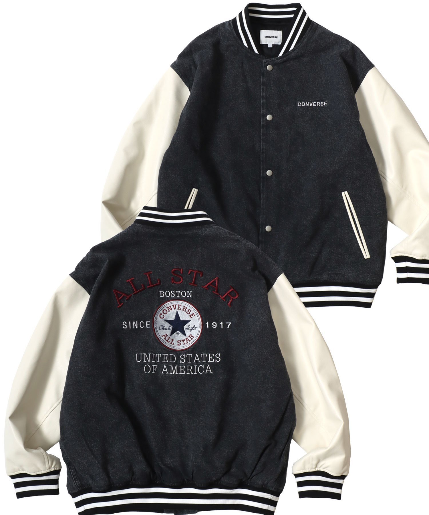 【ラザル/LAZAR】のCONVERSE コンバース スタジアムジャケット メンズ スタジャン オーバーサイズ フェイクメルトン デニム レディース ユニセックス インテリア・キッズ・メンズ・レディースファッション・服の通販 founy(ファニー) 　ファッション　Fashion　レディースファッション　Fashion for Women　アウター　Coat / Outerwear Collection　レディースジャケット・軽アウター　Jackets　カーゴパンツ　Cargo Pants, Utility Pants　キャップ　Cap, Baseball Cap　キャンバス　Canvas, Canvas Fabric　キルティング　Quilted, Quilting　クラシカル　Classical, Vintage-Inspired　クール　Cool, Chic　シューズ　Shoes, Footwear　ショート　Short, Short Length　ジャケット　Jacket, Outerwear　スウェット / スエット　Sweatshirt, Sweatwear　ストライプ　Stripe, Striped Pattern　スニーカー　Sneakers, Trainers　スポーツ　Sports, Activewear　スラックス　Slacks, Dress Pants　スリーブ　Sleeve, Long Sleeve / Short Sleeve　セットアップ　Set-Up, Coordinated Outfit　センター　Center, Center Line　セーター　Sweater, Knitwear　ダウン　Down, Puffer　デニム　Denim, Jeans Material　トレンド　Trend, Trending Now　定番　Standard, Basic Item　人気　Popular, Best Seller　バスケット　Basket, Basket Bag　パーカー　Hoodie, Parka　ビッグ　Big, Oversized　ブラック系その他|ID: prp329100004872173 ipo3291000000036331991