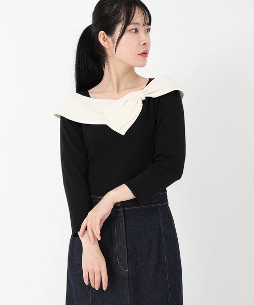 【ストロベリーフィールズ/STRAWBERRY FIELDS】のリボンデティールニット インテリア・キッズ・メンズ・レディースファッション・服の通販 founy(ファニー) 　ファッション　Fashion　レディースファッション　Fashion for Women　トップス・カットソー　Cut & Sew Tops　ニット　Knit Tops & Sweaters　ブラック|ID: prp329100004872207 ipo3291000000036333306