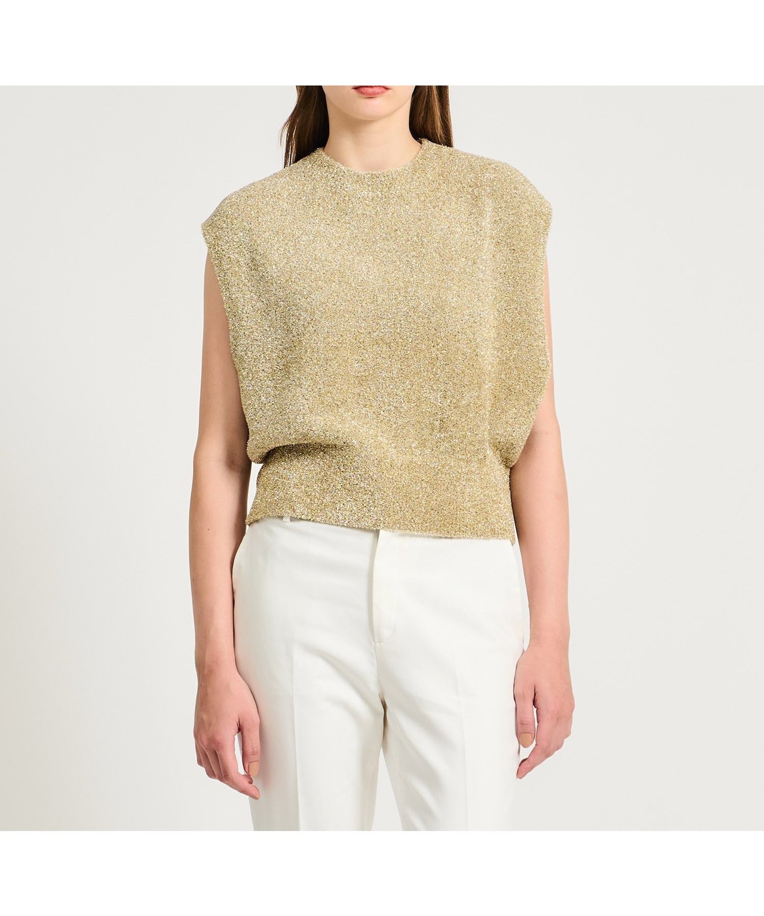 【エストネーション/ESTNATION】のラメノースリーブニット PERMANENT インテリア・キッズ・メンズ・レディースファッション・服の通販 founy(ファニー) ファッション Fashion レディースファッション Fashion for Women トップス・カットソー Cut & Sew Tops ニット Knit Tops & Sweaters キャミソール&ノースリーブ Camisoles & Sleeveless Tops インナー Innerwear コレクション Collection, Seasonal Line シンプル Simple, Minimal ジャケット Jacket, Outerwear セットアップ Set-Up, Coordinated Outfit ドレープ Drape, Draping Fabric ノースリーブ Sleeveless, No-Sleeve ファブリック Fabric, Textile ベスト Vest, Waistcoat 夏 Summer ゴールド|ID: prp329100004872213 ipo3291000000036333475