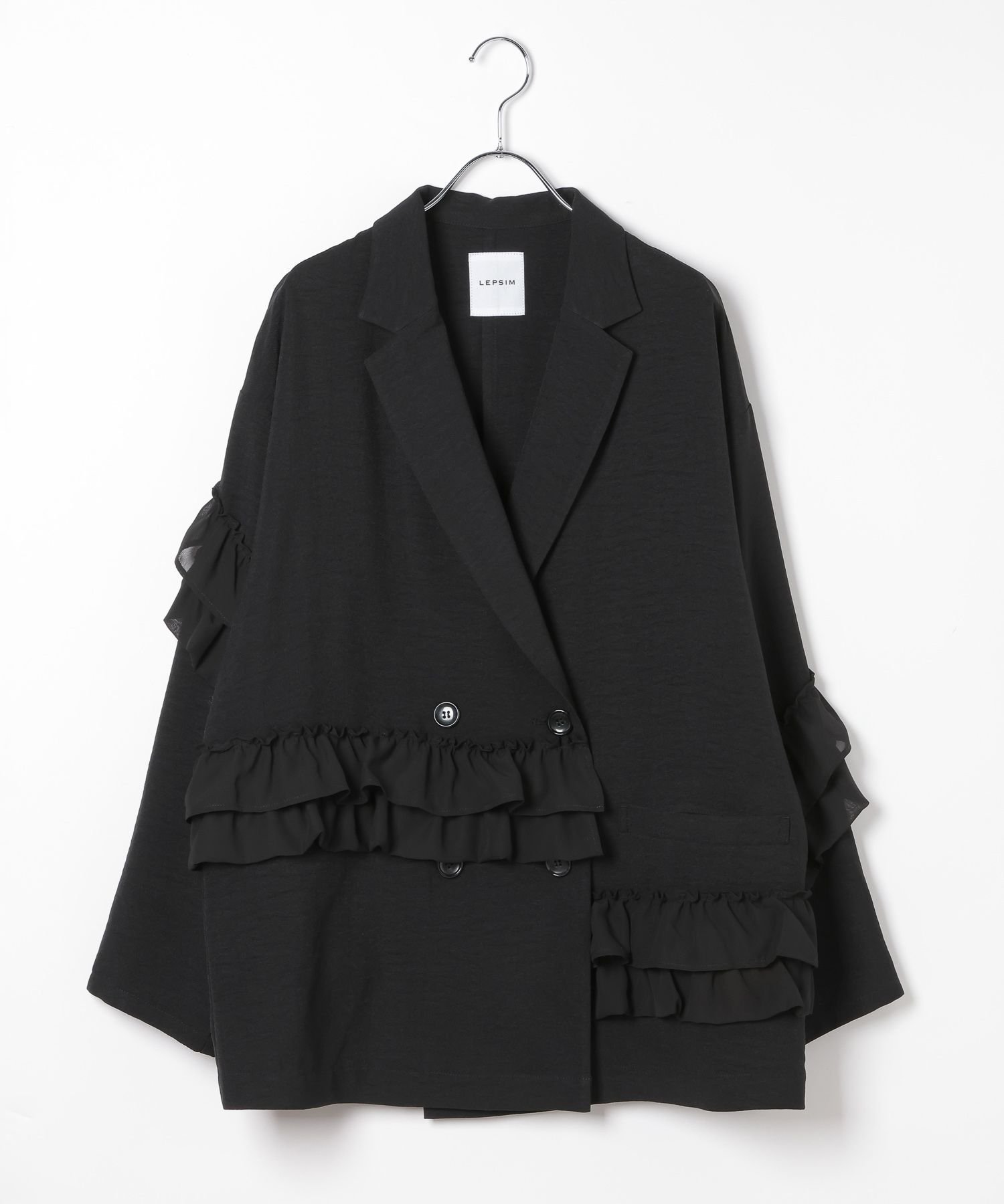 【レプシィム ローリーズファーム/LEPSIM LOWRYS FARM】の《リネンライクドライシリーズ》フリルW長袖ジャケット インテリア・キッズ・メンズ・レディースファッション・服の通販 founy(ファニー) 　ファッション　Fashion　レディースファッション　Fashion for Women　アウター　Coat / Outerwear Collection　レディースジャケット・軽アウター　Jackets　おすすめ　Recommended / Our Picks　シフォン　Chiffon, Lightweight Fabric　ジャケット　Jacket, Outerwear　セットアップ　Set-Up, Coordinated Outfit　チュール　Tulip, Tulip Motif　トレンド　Trend, Trending Now　フェミニン　Feminine, Girly　フリル　Frill, Ruffle　ラップ　Wrap, Wrap Design　エレガント 上品　Elegant　人気　Popular, Best Seller　今季　This Season, Current Season　長袖　Long Sleeve, Full Sleeve　ブラック09|ID: prp329100004875368 ipo3291000000036364539