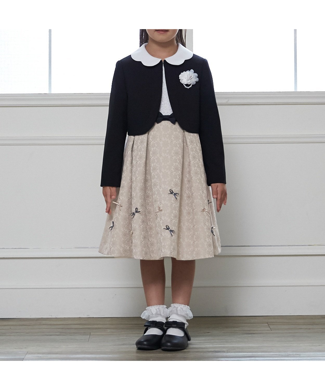 【ナルミヤ オンライン/NARUMIYA ONELINE / KIDS】の【フォーマル】ジャガードリボンOP+衿つきJKセット インテリア・キッズ・メンズ・レディースファッション・服の通販 founy(ファニー) 　ファッション　Fashion　キッズファッション　Fashion for Kids　ガーリー　Girly, Feminine Style　ジャケット　Jacket, Outerwear　フォーマル　Formal, Dressy　ポケット　Pocket, Pocket Detail　リボン　Ribbon, Bow　エレガント 上品　Elegant　ベージュ|ID: prp329100004877090 ipo3291000000036379814