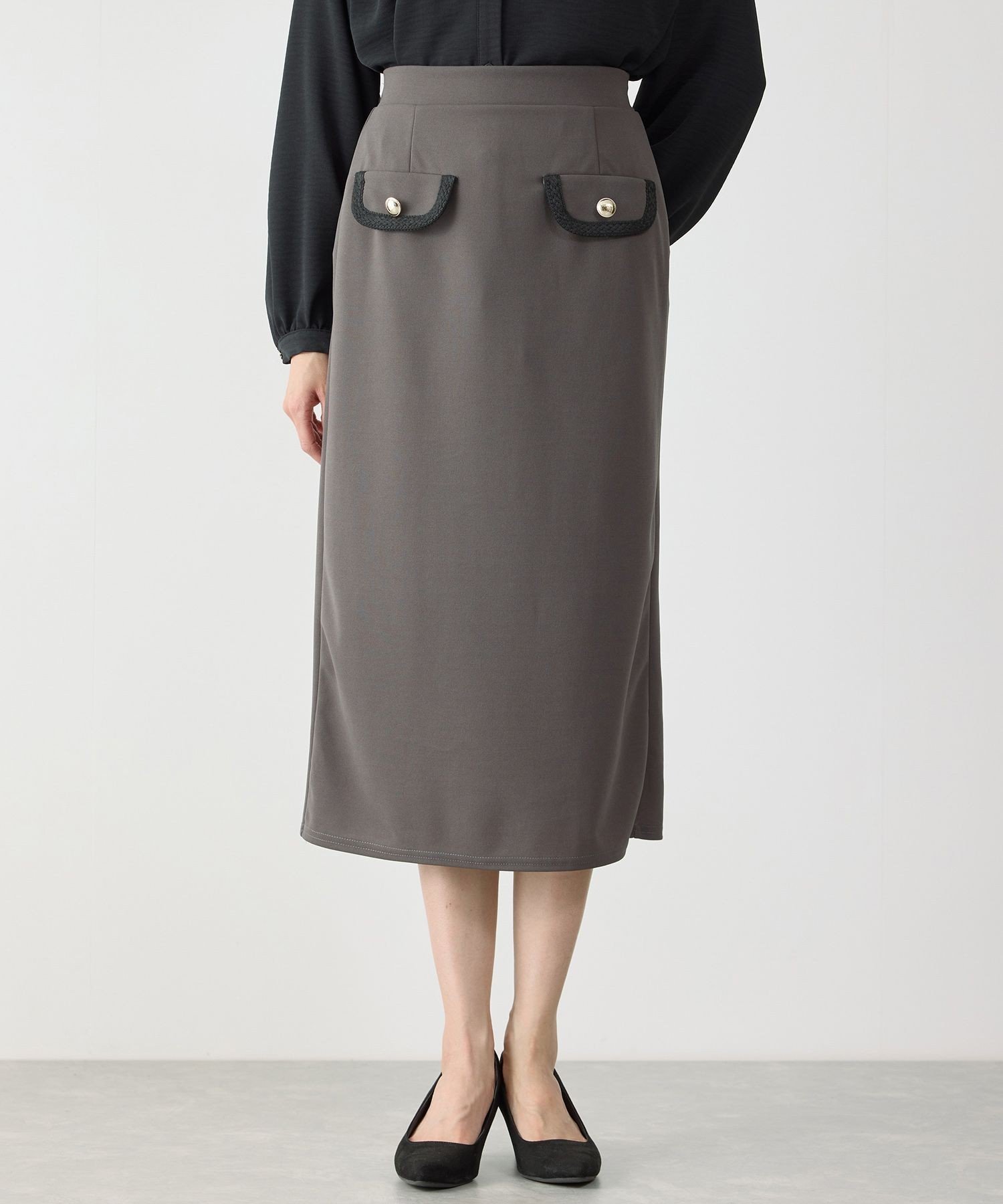 【ジャイロ/JAYRO】のフラップ使いナロースカート インテリア・キッズ・メンズ・レディースファッション・服の通販 founy(ファニー) 　ファッション　Fashion　レディースファッション　Fashion for Women　スカート　Skirts　カーディガン　Cardigan, Knitwear　シューズ　Shoes, Footwear　シンプル　Simple, Minimal　ストレッチ　Stretch, Stretchy Fabric　スニーカー　Sneakers, Trainers　スリット　Slit, Slit Detail　セットアップ　Set-Up, Coordinated Outfit　タートルネック　Turtleneck, High Neck　パイピング　Piping, Trim Design　フラット　Flat, Flat Shoes　フラップ　Flap, Flap Pocket　フロント　Front, Front Design　ポケット　Pocket, Pocket Detail　メタル　Metal, Metal Parts　ロング　Long, Long-Length　冬　Winter / This Winter　A/W・秋冬　Autumn/Winter　おすすめ　Recommended / Our Picks　チャコール(06)|ID: prp329100004877355 ipo3291000000036382354