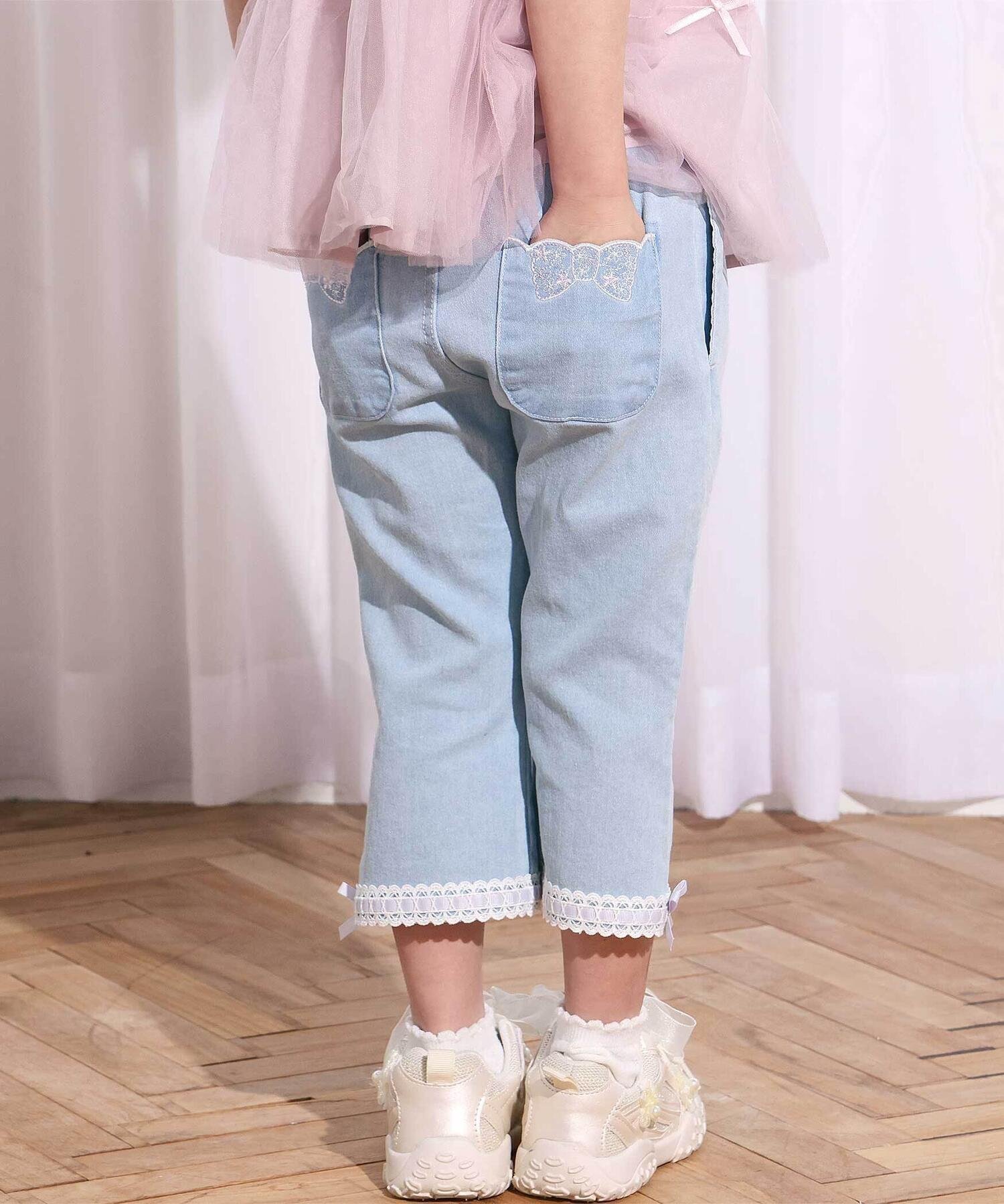 【ベベ オンライン ストア/BEBE ONLINE STORE / KIDS】の裾レースウエストフリル7分丈デニムニットパンツ(80~130cm) 人気、トレンドファッション・服の通販 founy(ファニー) 　ファッション　Fashion　キッズファッション　Fashion for Kids　ボトムス　Bottoms　春　Spring　コレクション　Collection, Seasonal Line　スカラップ　Scallop, Scalloped Edge　デニム　Denim, Jeans Material　フィット　Fit, Slim Fit　フレンチ　French, French Style　ポケット　Pocket, Pocket Detail　リボン　Ribbon, Bow　レース　Lace, Lace Fabric　S/S・春夏　SS, Spring/Summer, Warm Season　夏　Summer　エレガント 上品　Elegant　2026年　2026　 other-1|ID: prp329100004877471 ipo3291000000036384082